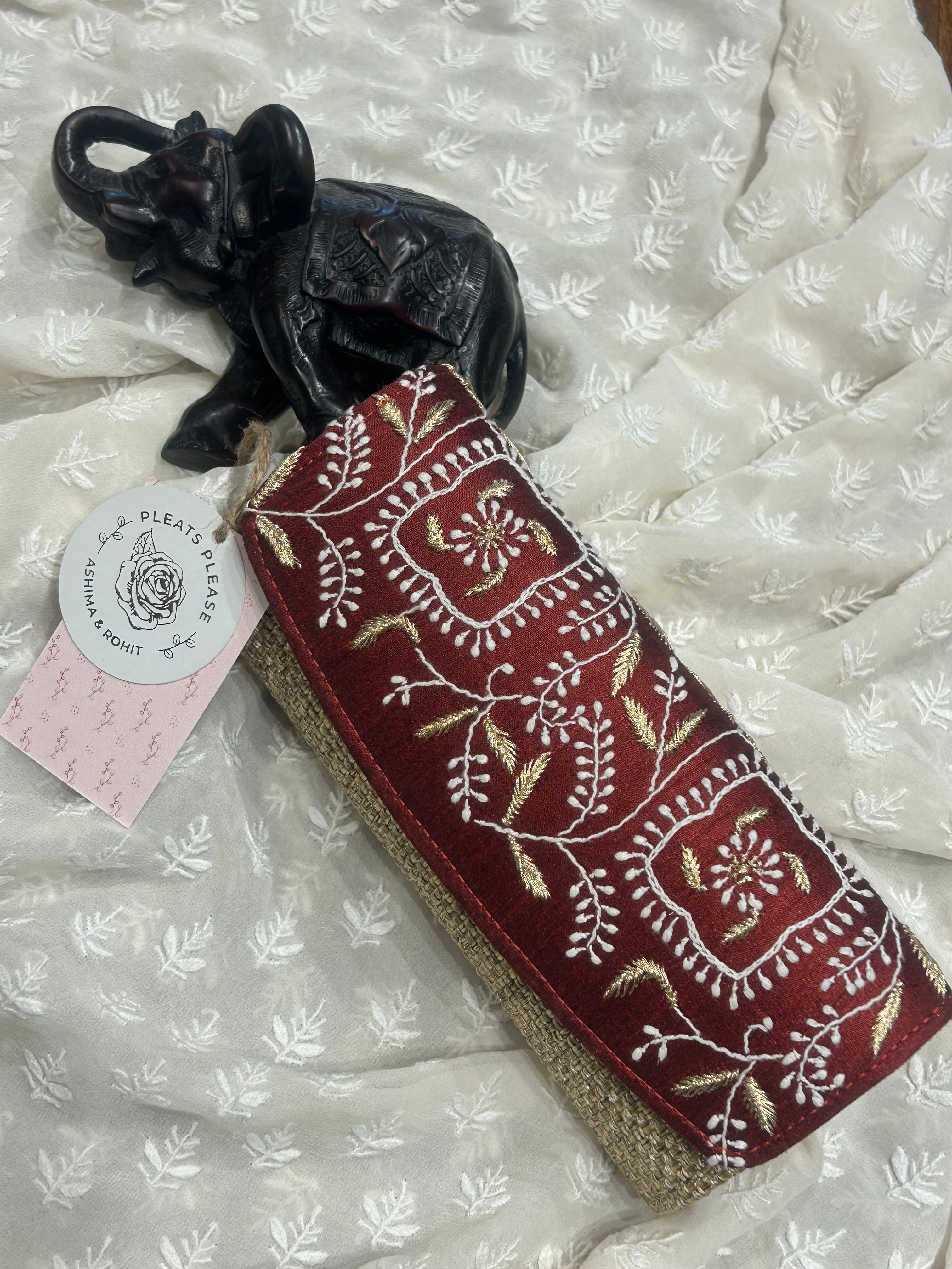 Cranberry Red Silk Chikankari Clutch Jute Bag