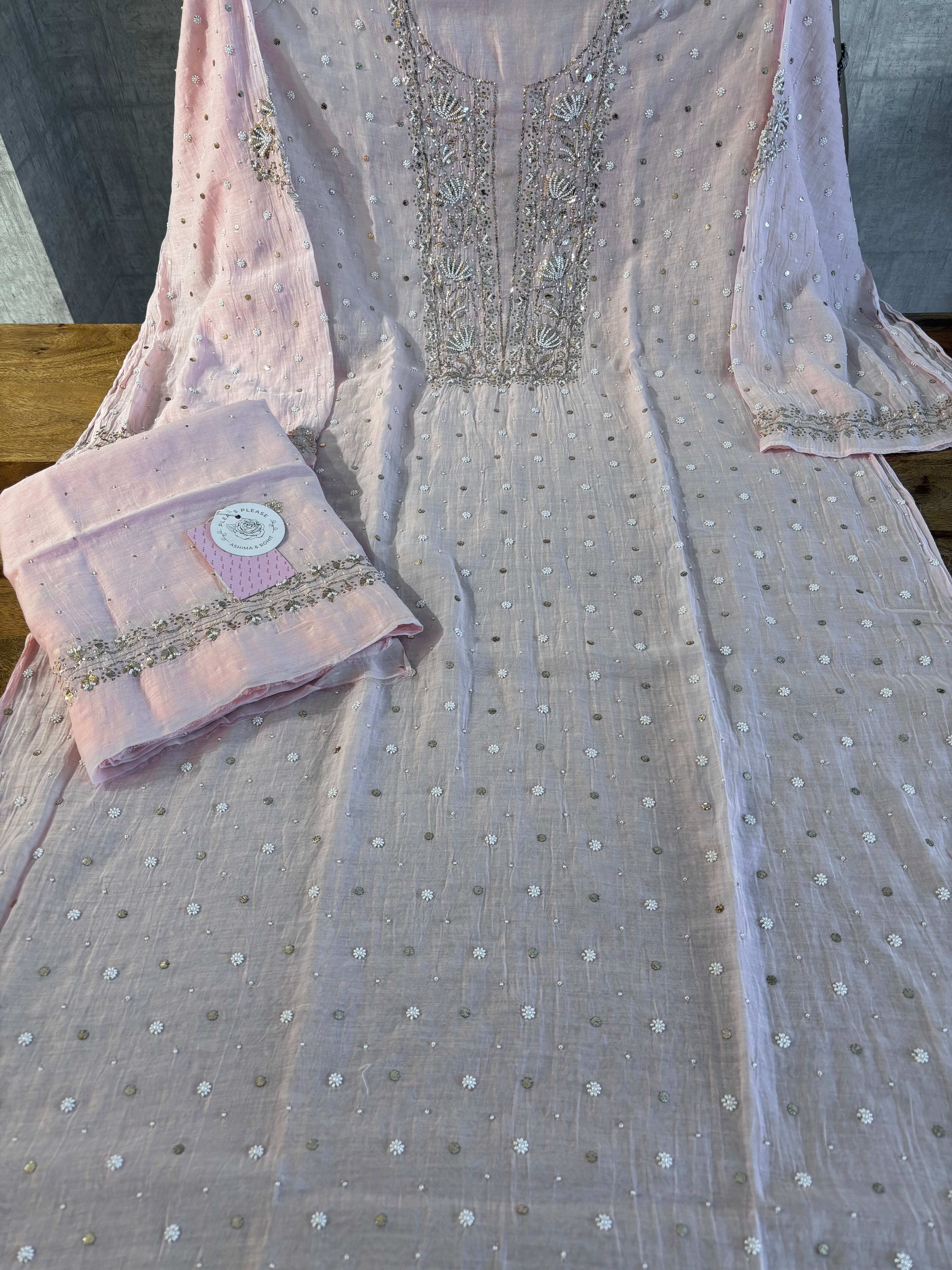 Baby Pink Chanderi Mul Mukaish Kurta & Dupatta