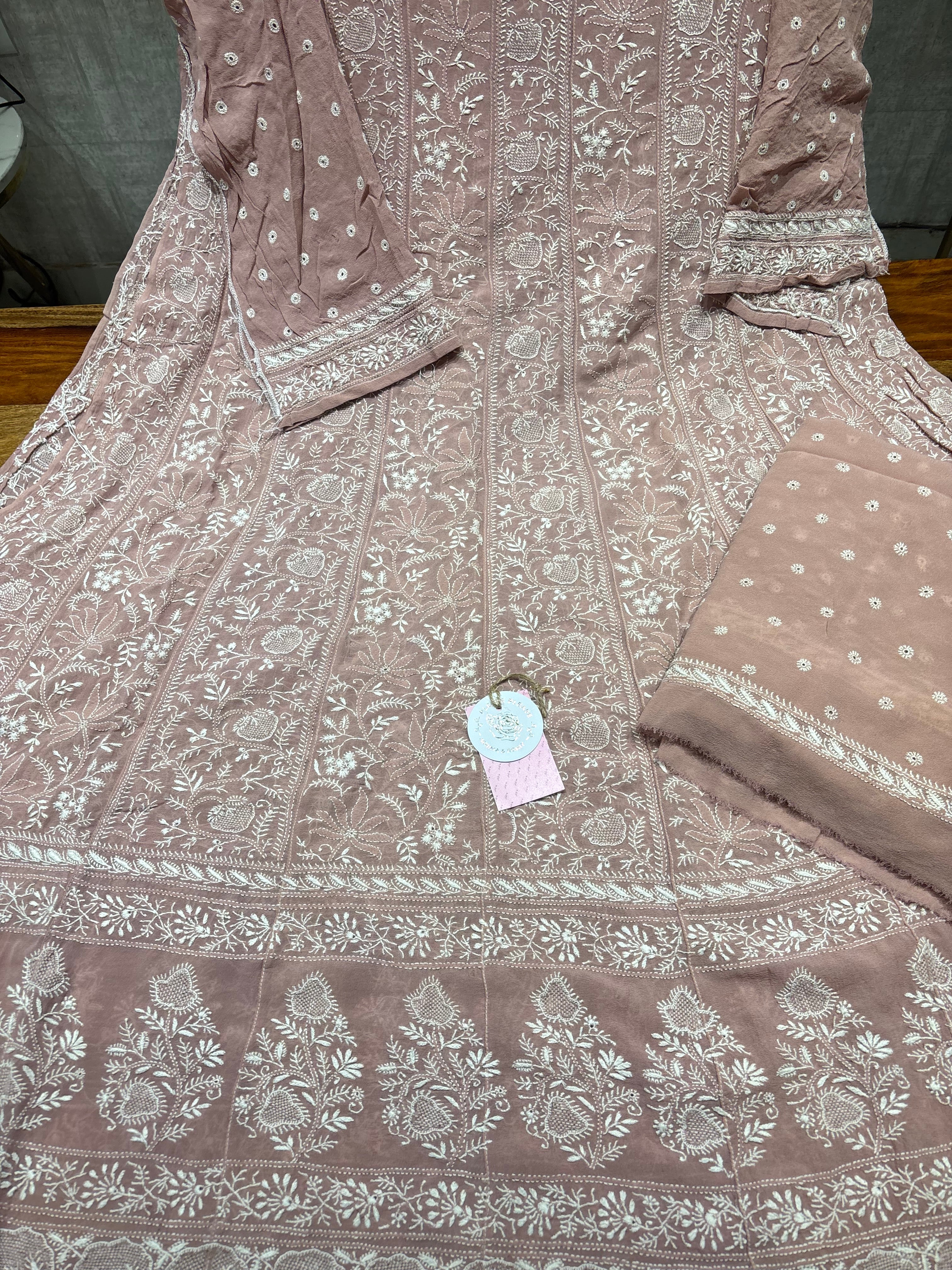 Mauve Pure & Premium Georgette Chikankari Anarkali & Dupatta Set