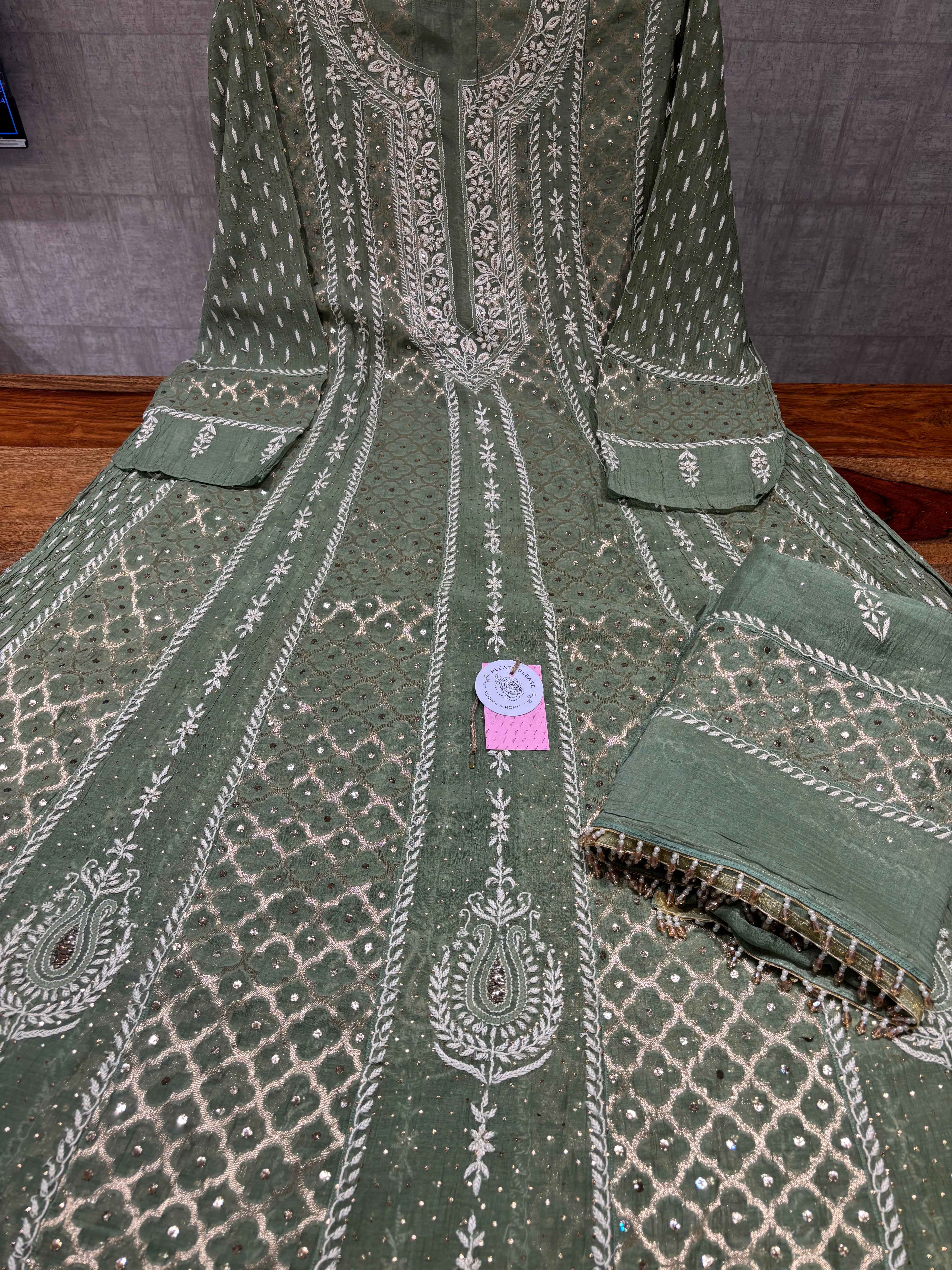 Olive Green Chanderi Mul Chikankari & Mukaish Anarkali & Dupatta Set