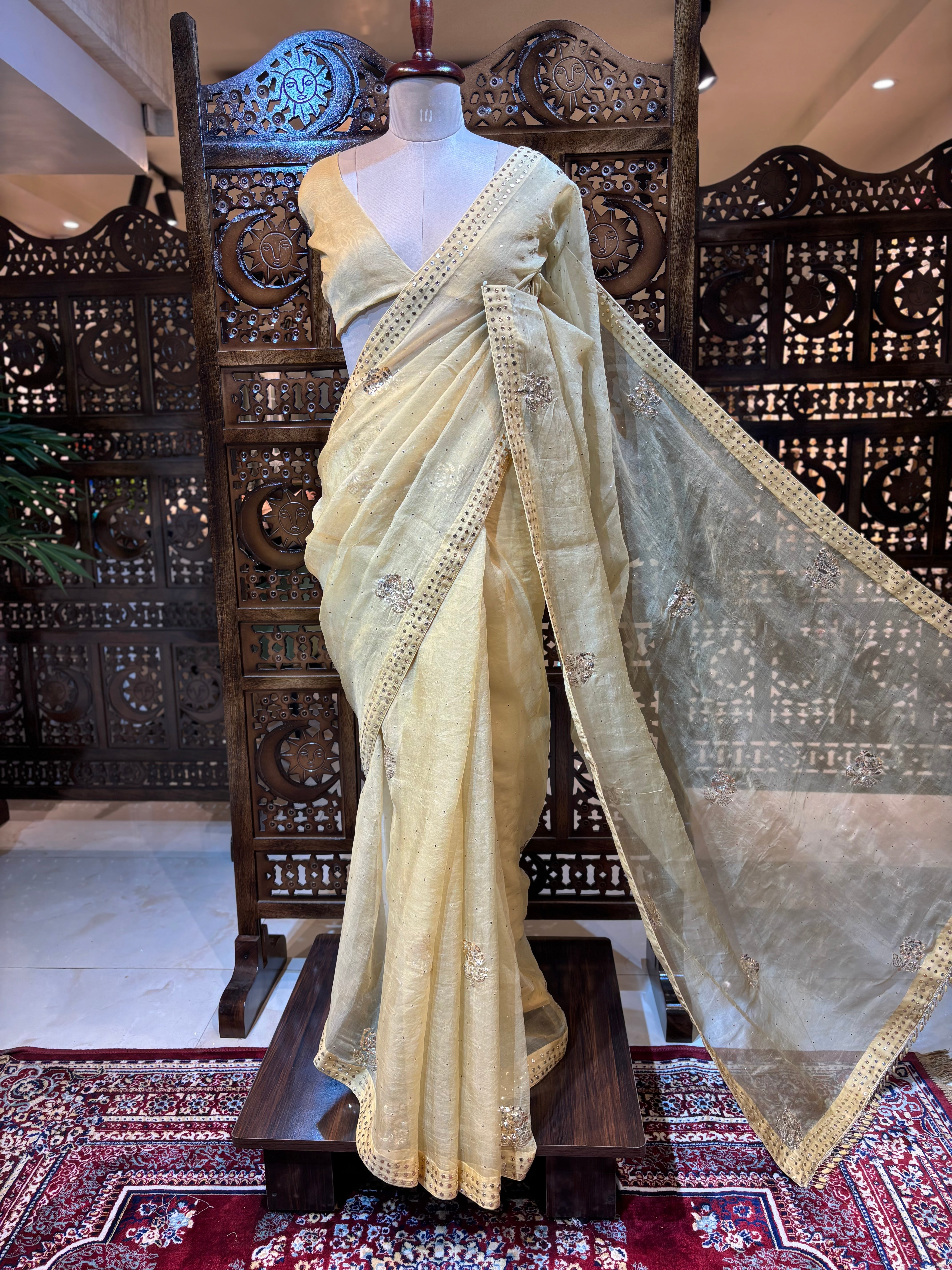 Beige Gold Organza Silk Badla Saree