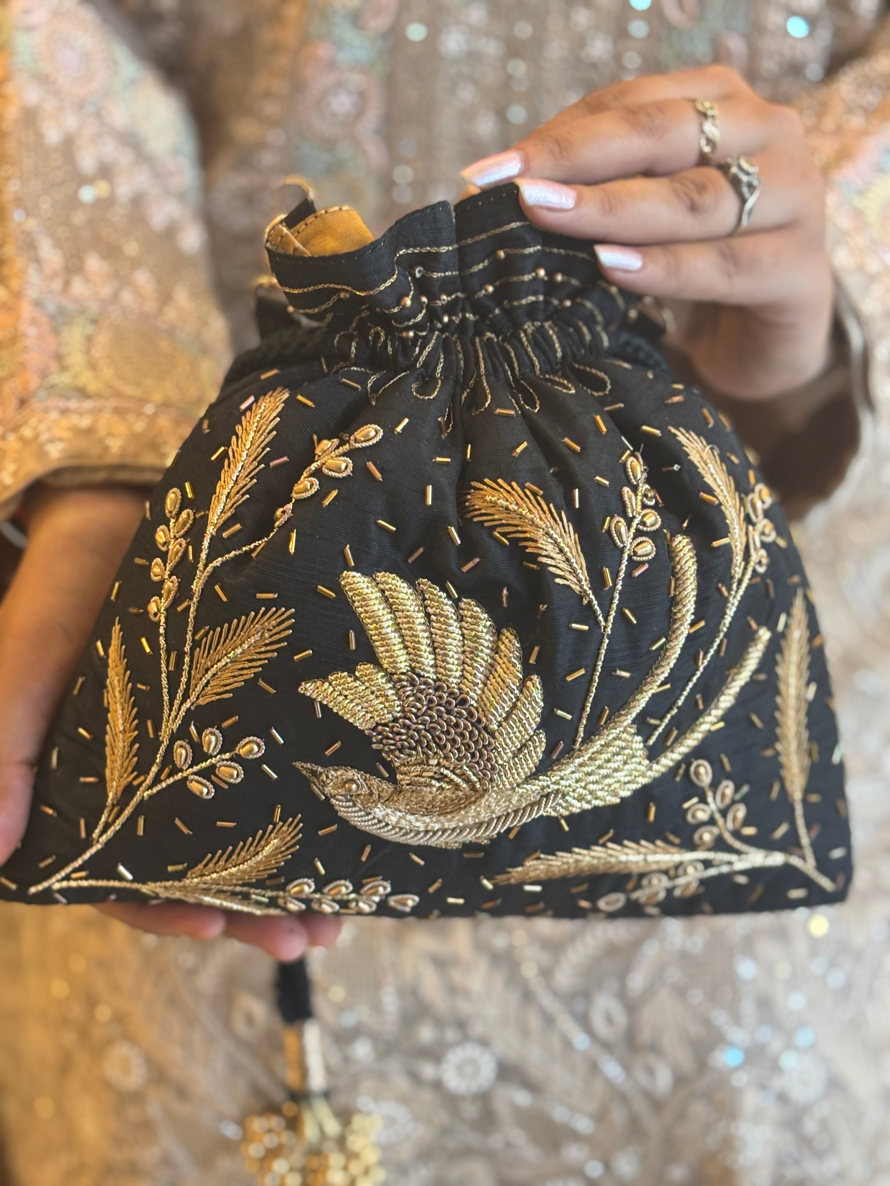 Black Silk Chikankari Potli