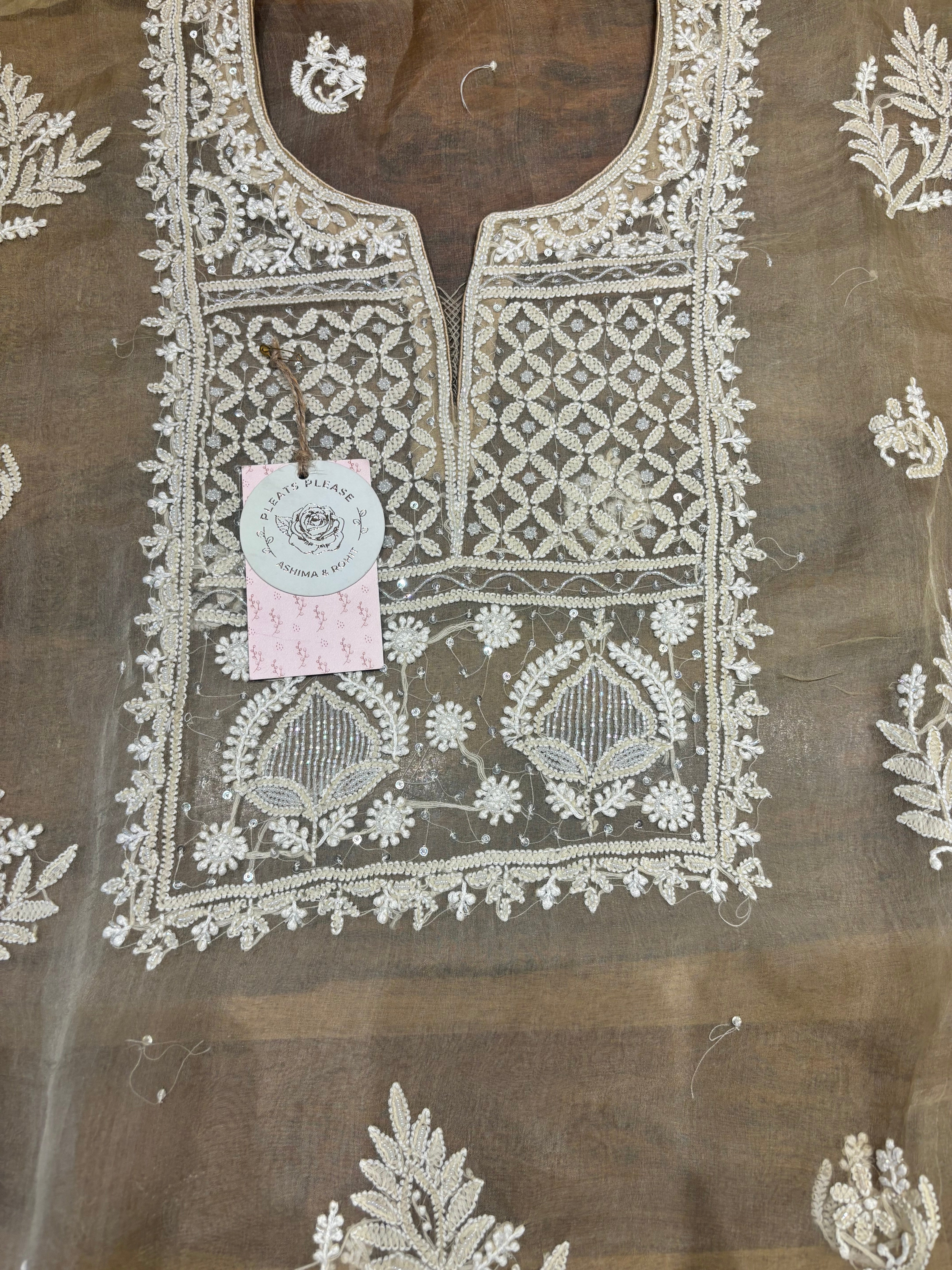 Brown Organza Silk Chikankari Kurta And Dupatta Set