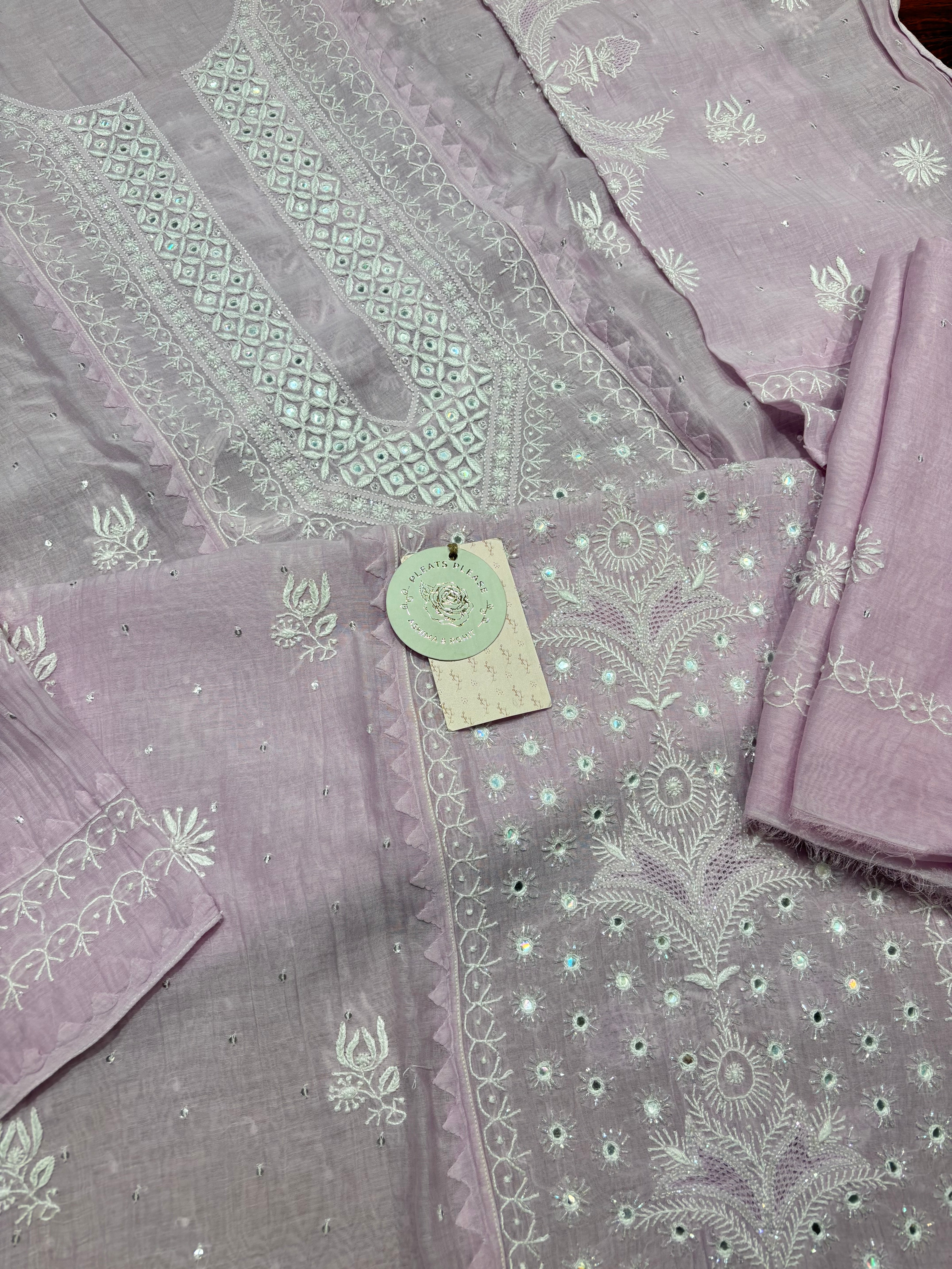 Lilac Chanderi Mul Chikankari Kurta and Dupatta Set