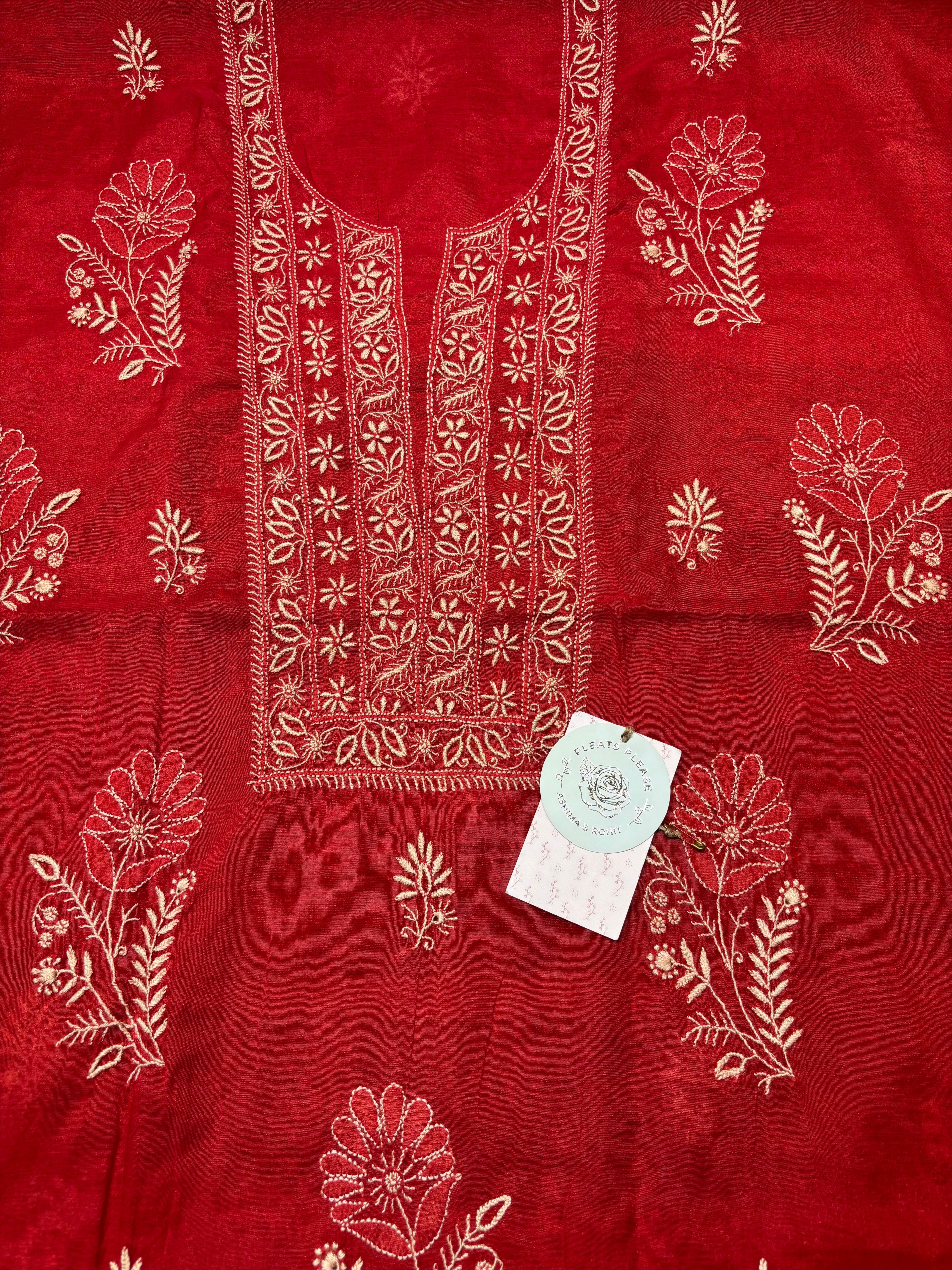 Red Chanderi Silk Chikankari Kurta And Dupatta Set