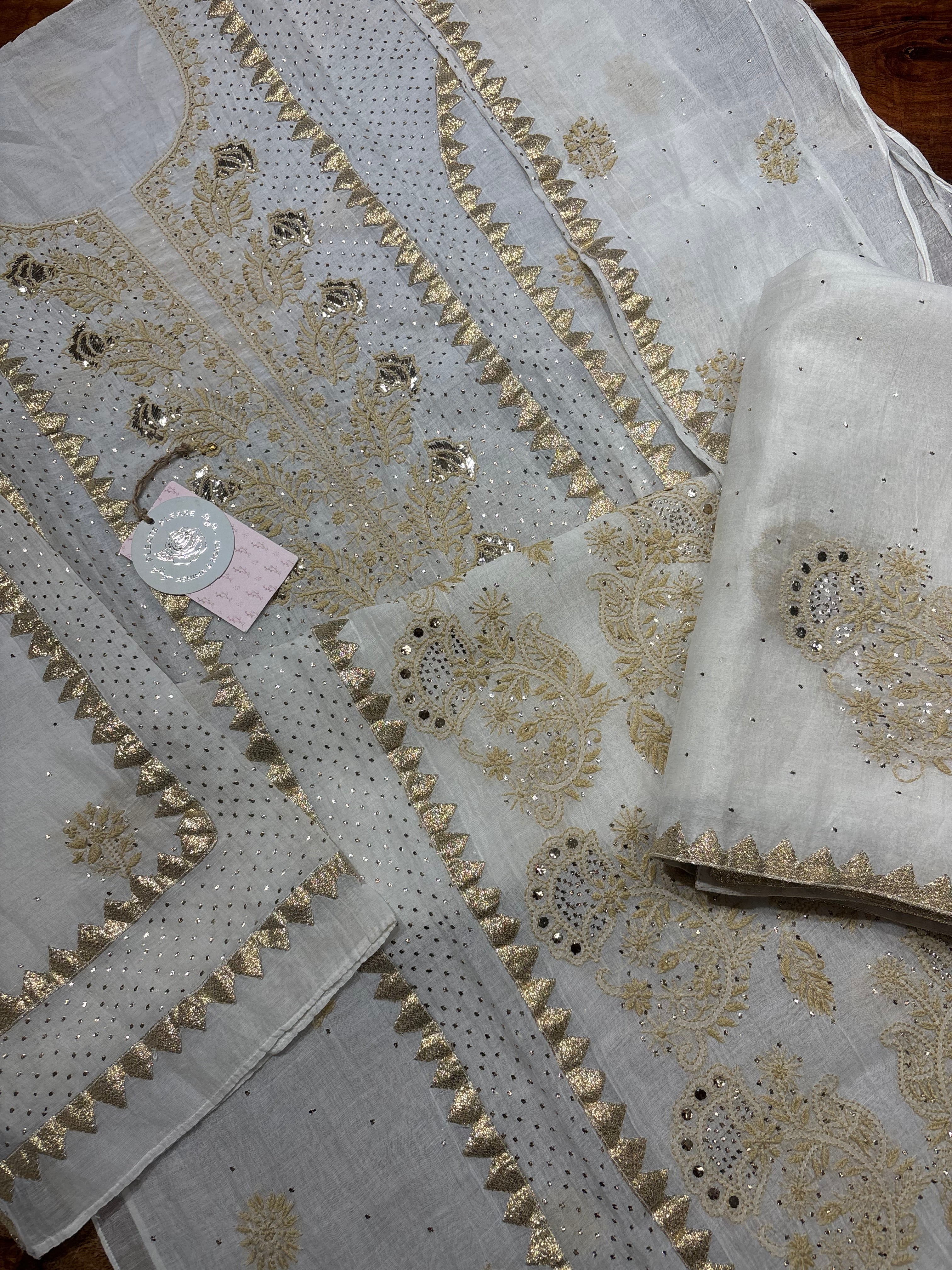 Dyeable Chanderi Mul Chikankari And Mukaish Kurta and Dupatta set