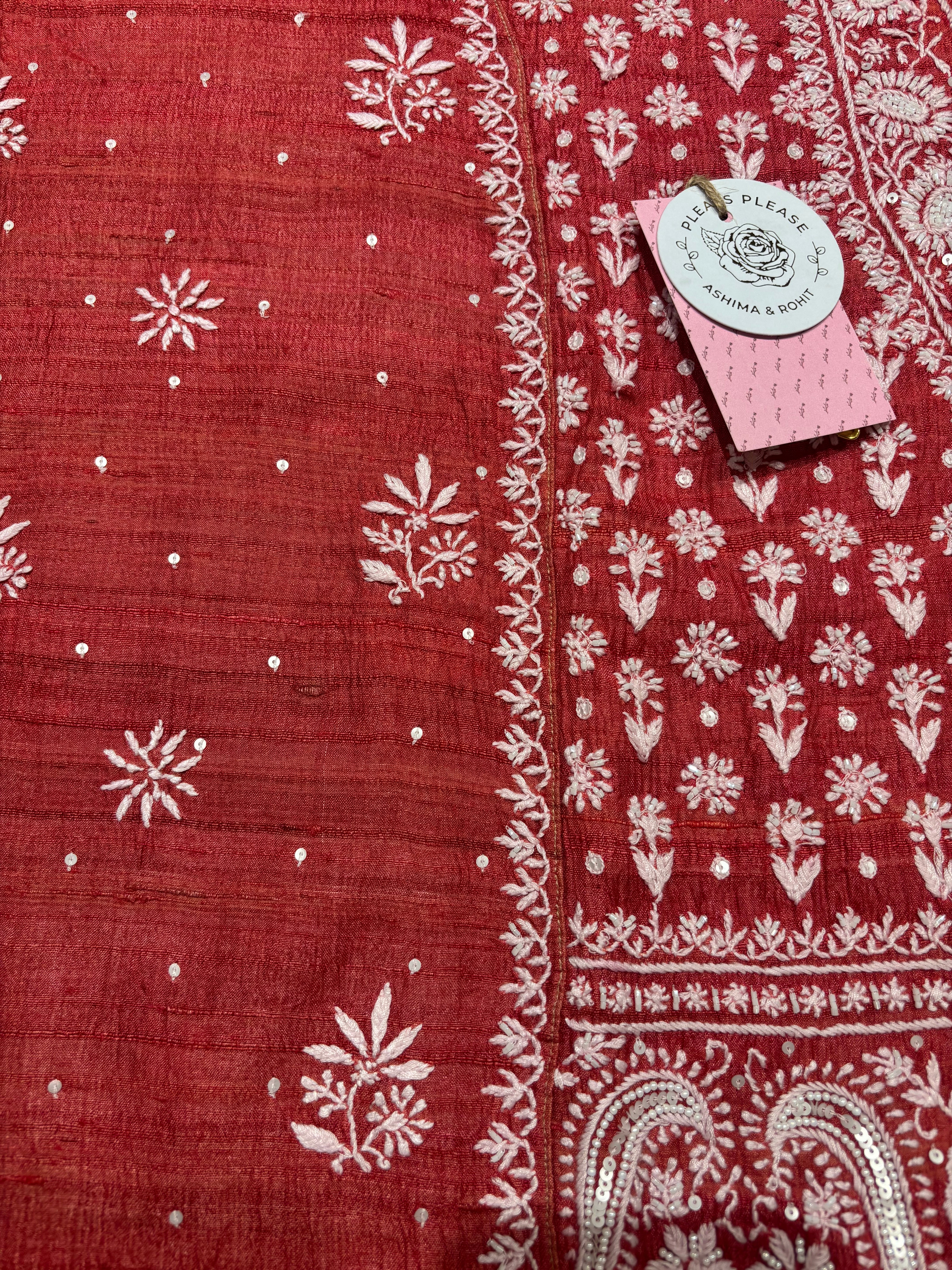 Red Pure & Premium Tussar Silk Chikankari Kurta & Dupatta Set