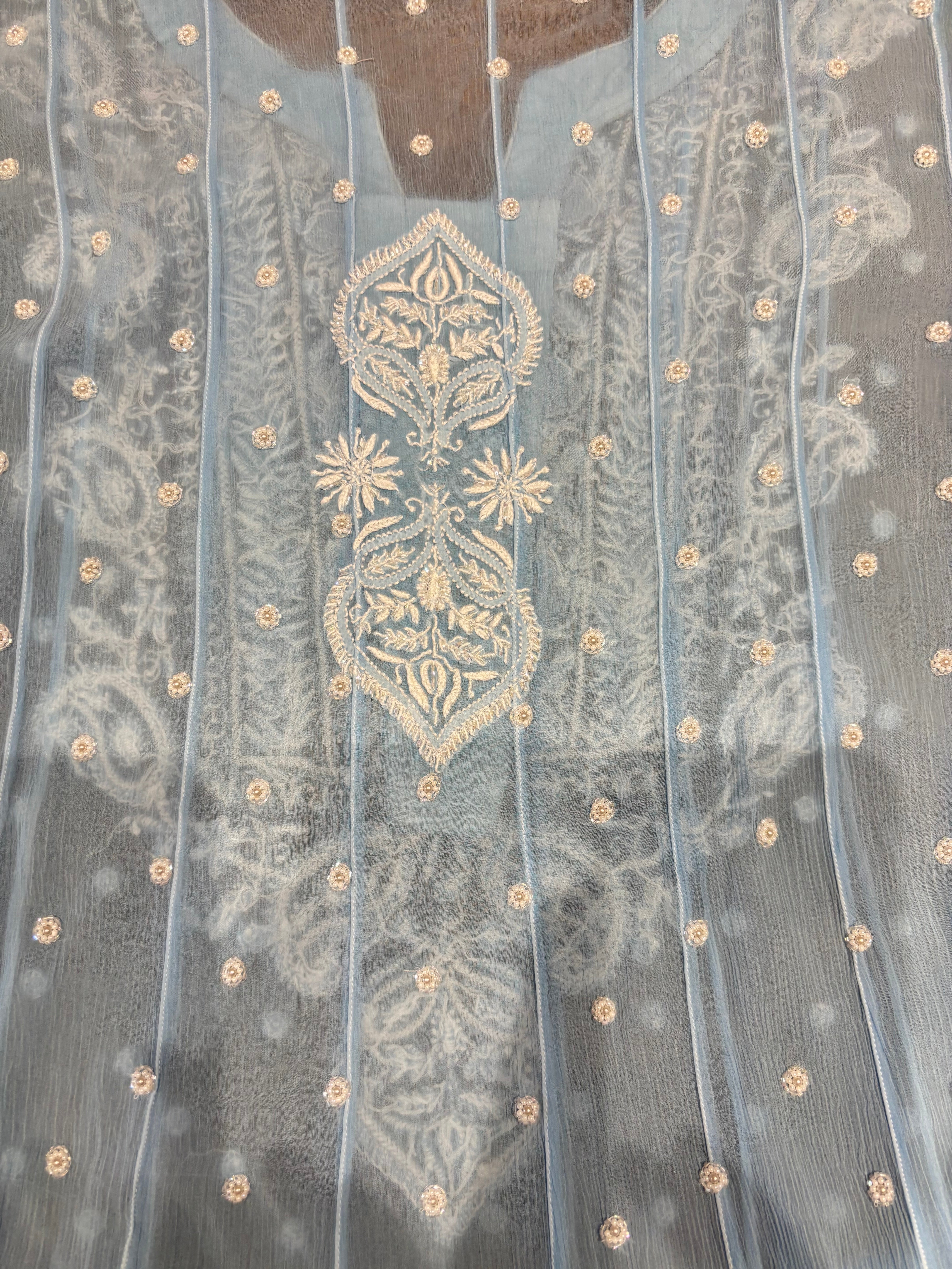 Powder Blue Chiffon Chikankari Anarkali & Dupatta