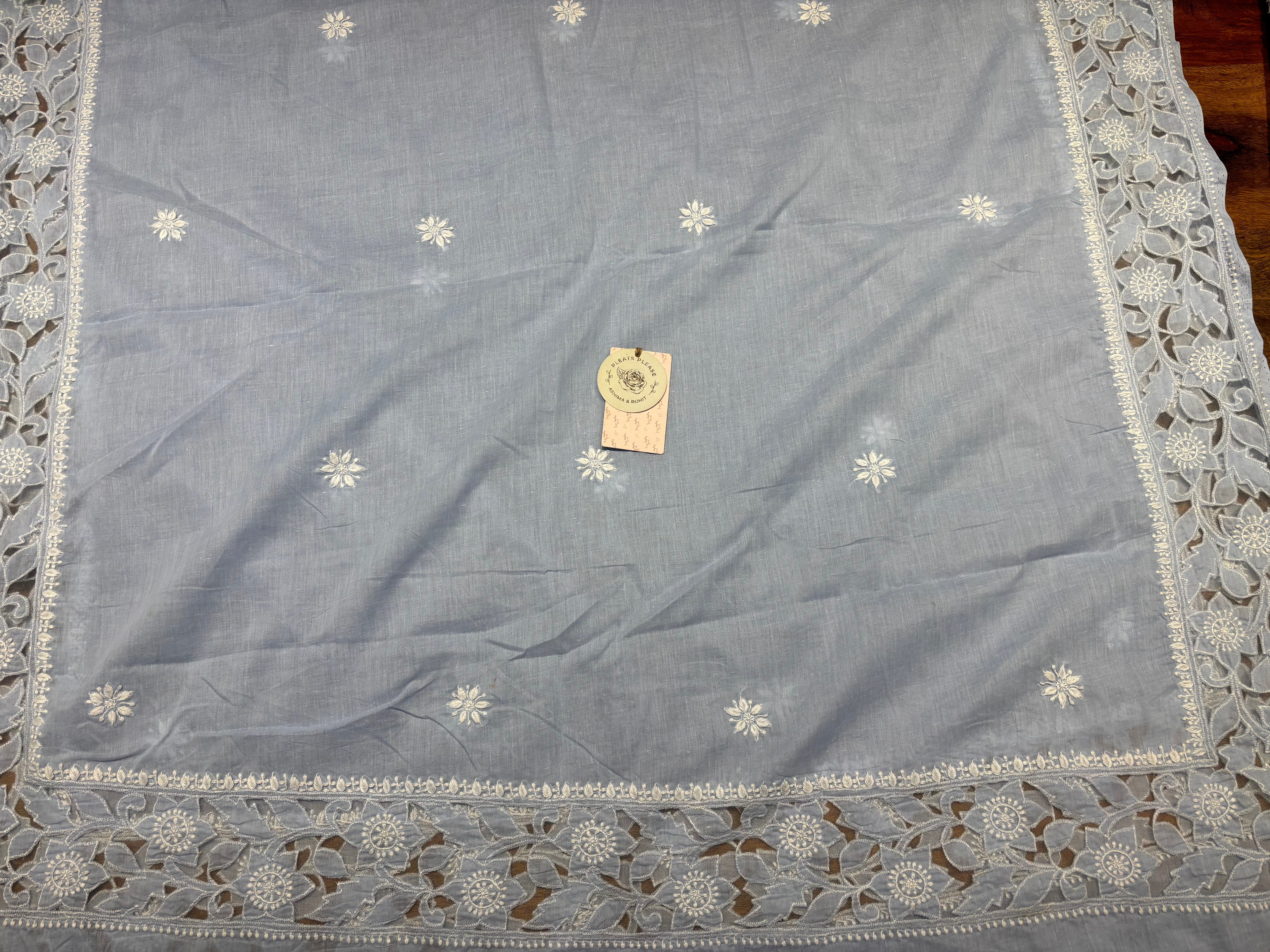 Powder Blue Mulmul Soft Net Chikankari Applique Kurta And Dupatta Fabric