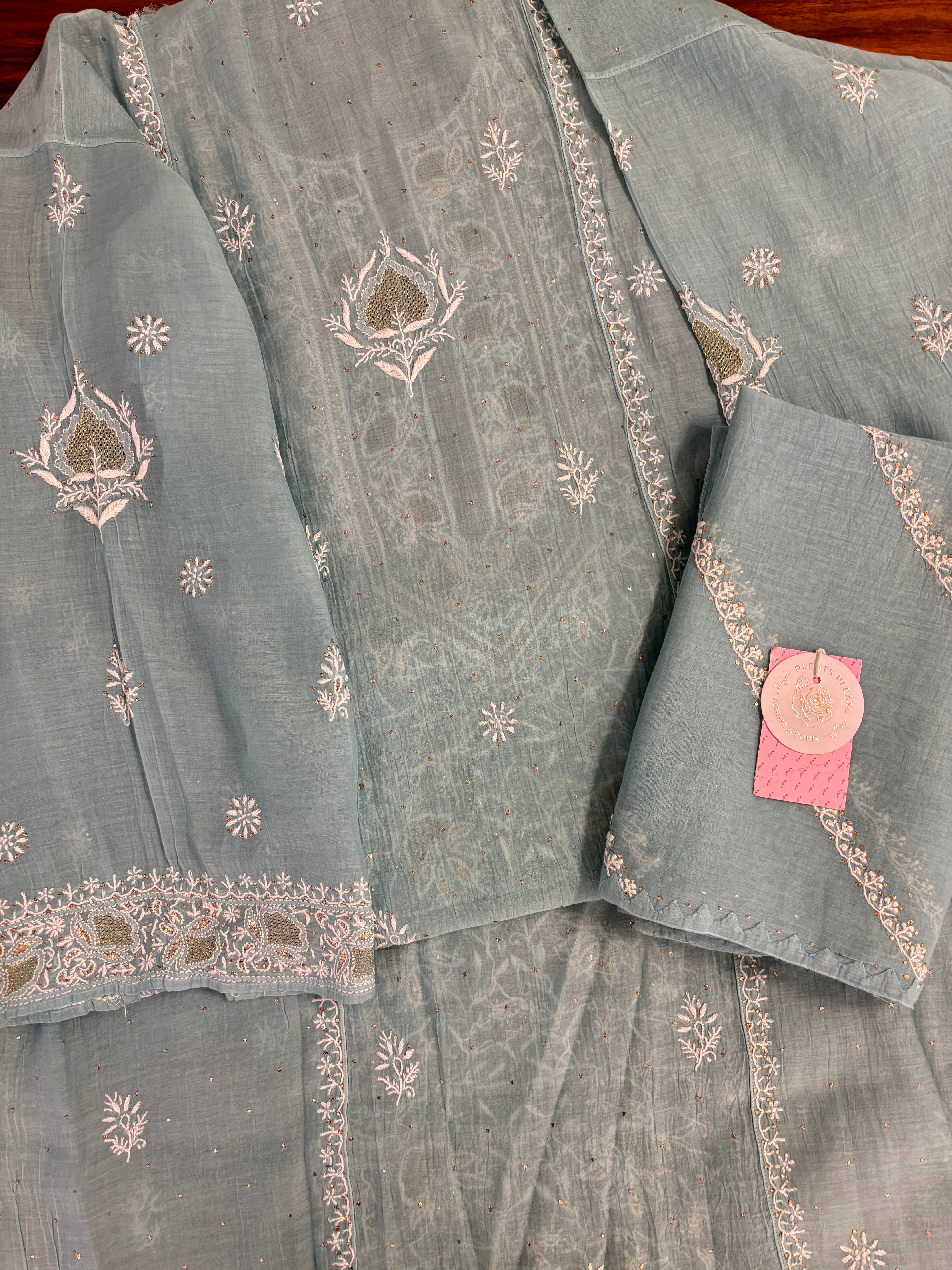 Aqua Blue Chanderi Mul Mukaish & Chikankari Kurta & Dupatta