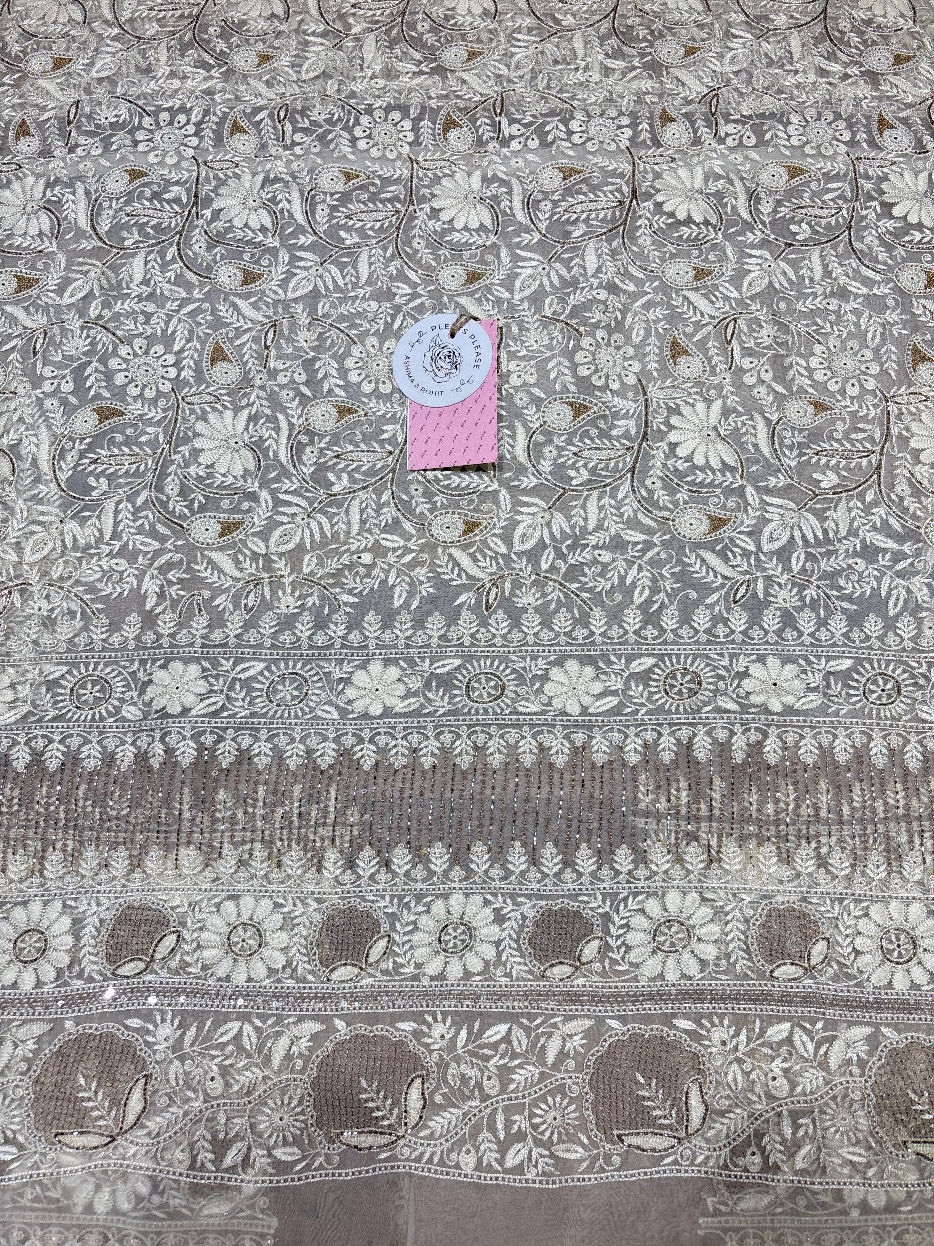 Ivory Pure & Premium Organza Silk Chikankari Kurta & Dupatta Fabric