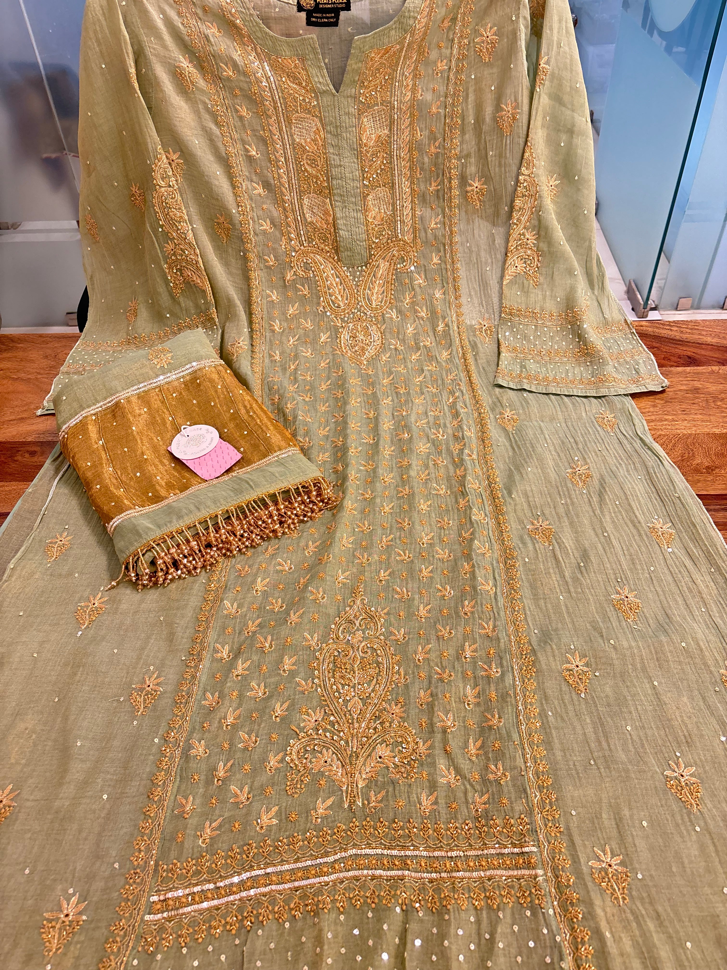Pistachio Green Pure & Premium Tissue Chikankari Kurta & Dupatta