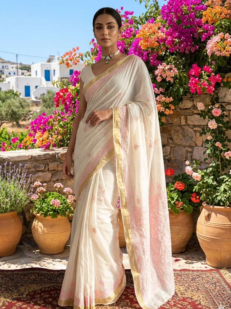 Dyeable Pure Chanderi Mul Chikankari Saree
