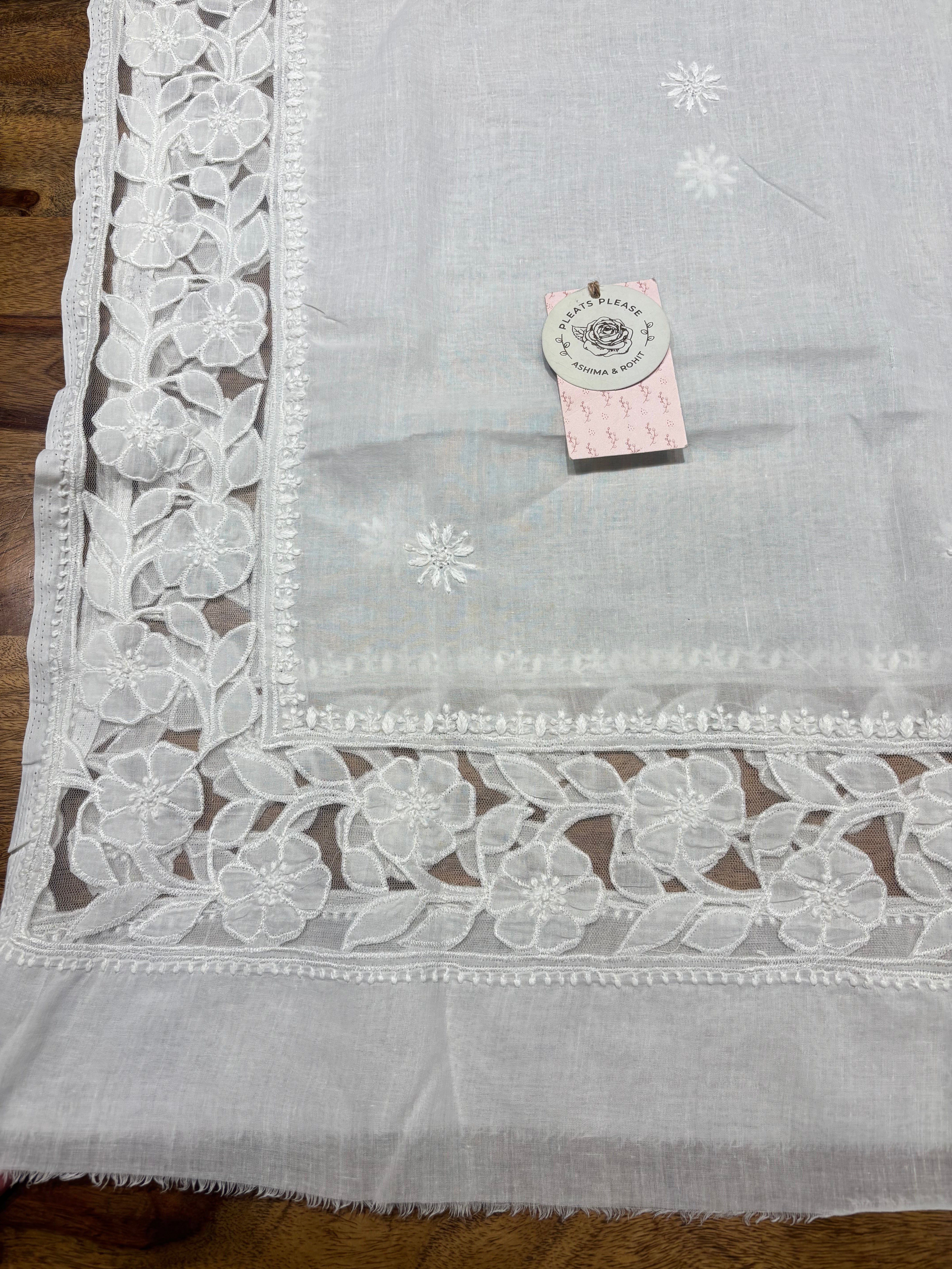 White Mulmul Soft Net Chikankari Applique Kurta And Dupatta Fabric