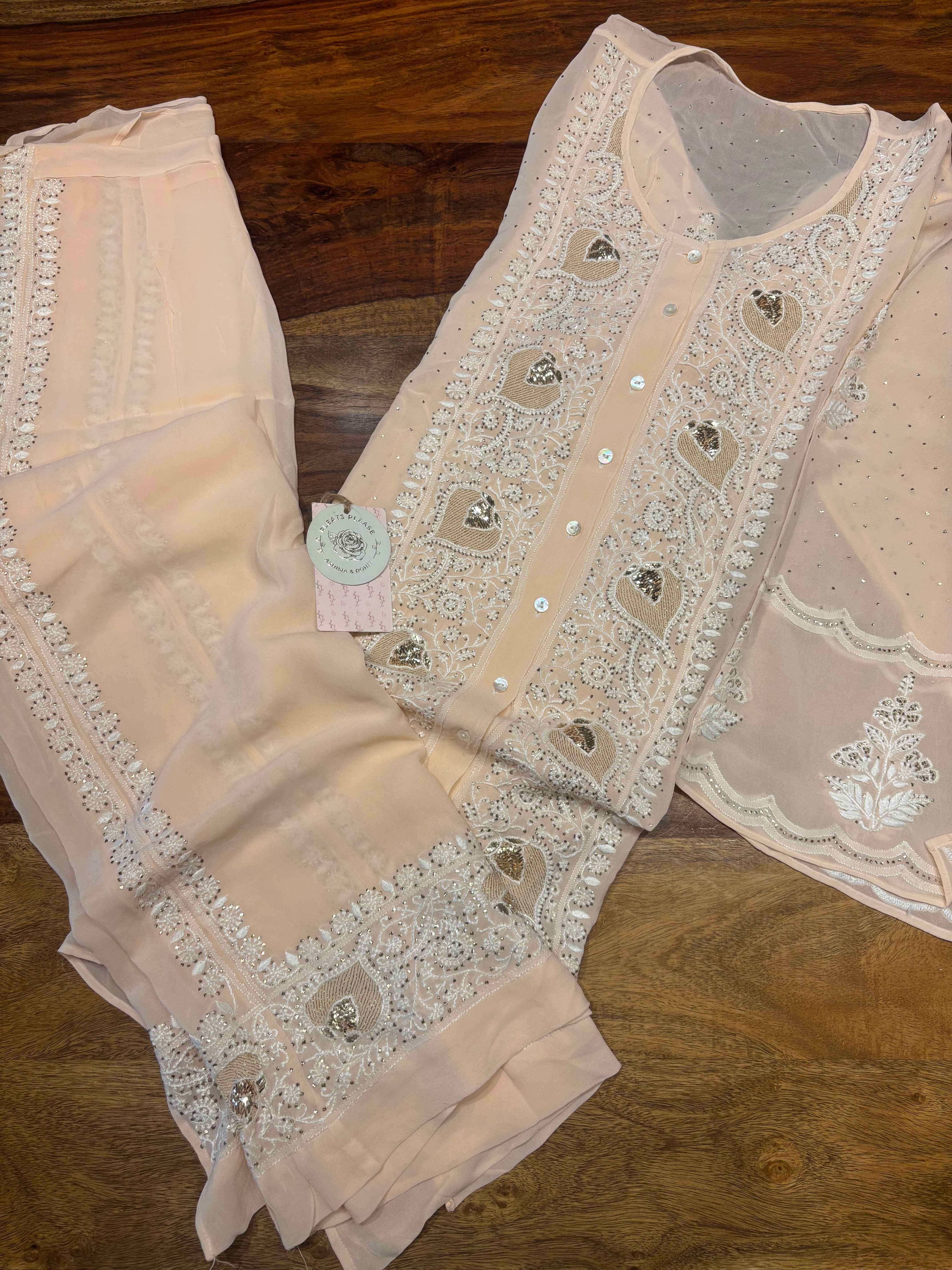 Peach Pure And Premium Georgette Chikankari Co-ord Set - Pleats PleaseChikankari