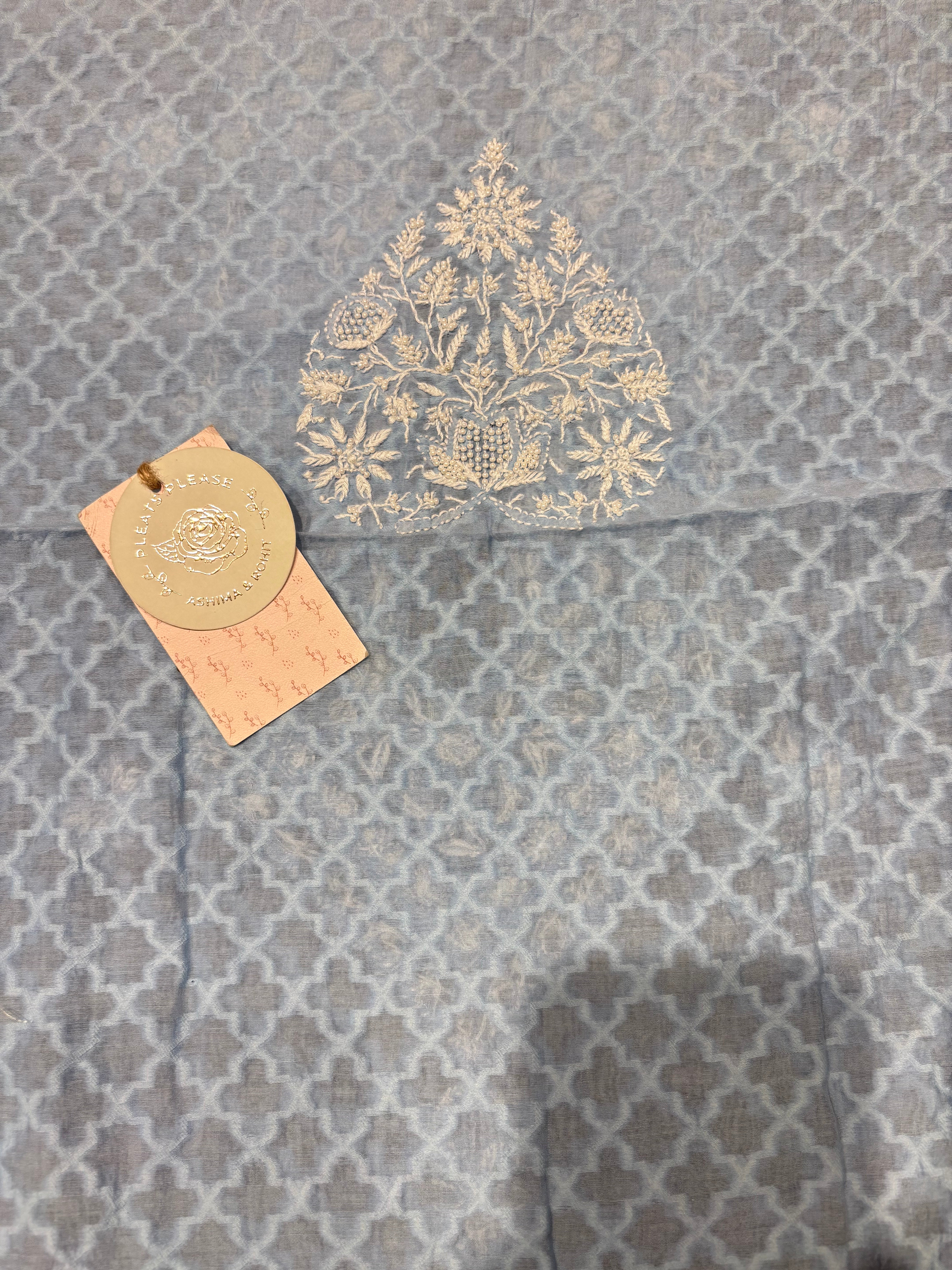 Blue Chanderi Jacquard Chikankari Men's Kurta Fabric