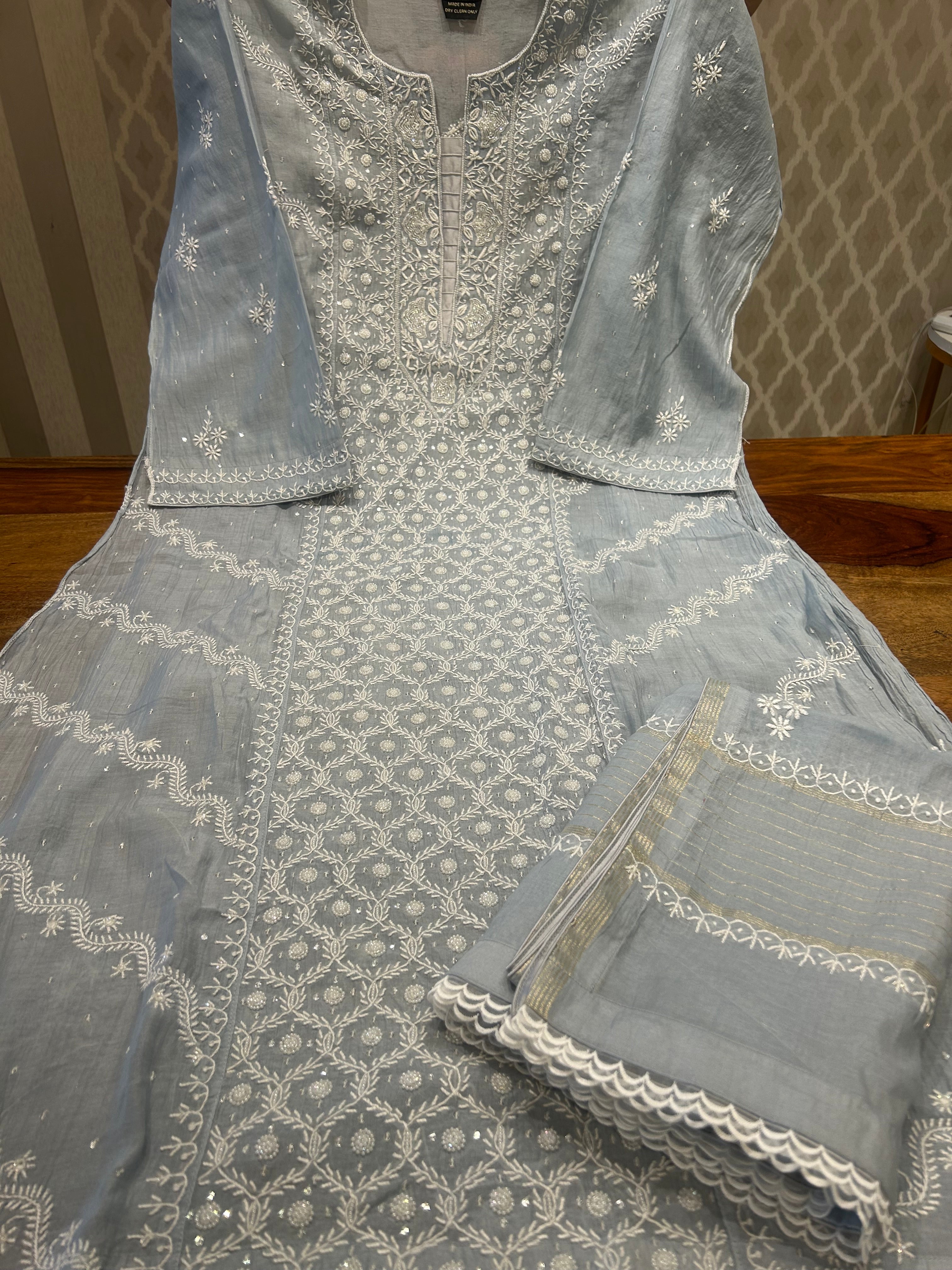 Powder Blue Chanderi Mul Chikankari Kurta and Dupatta