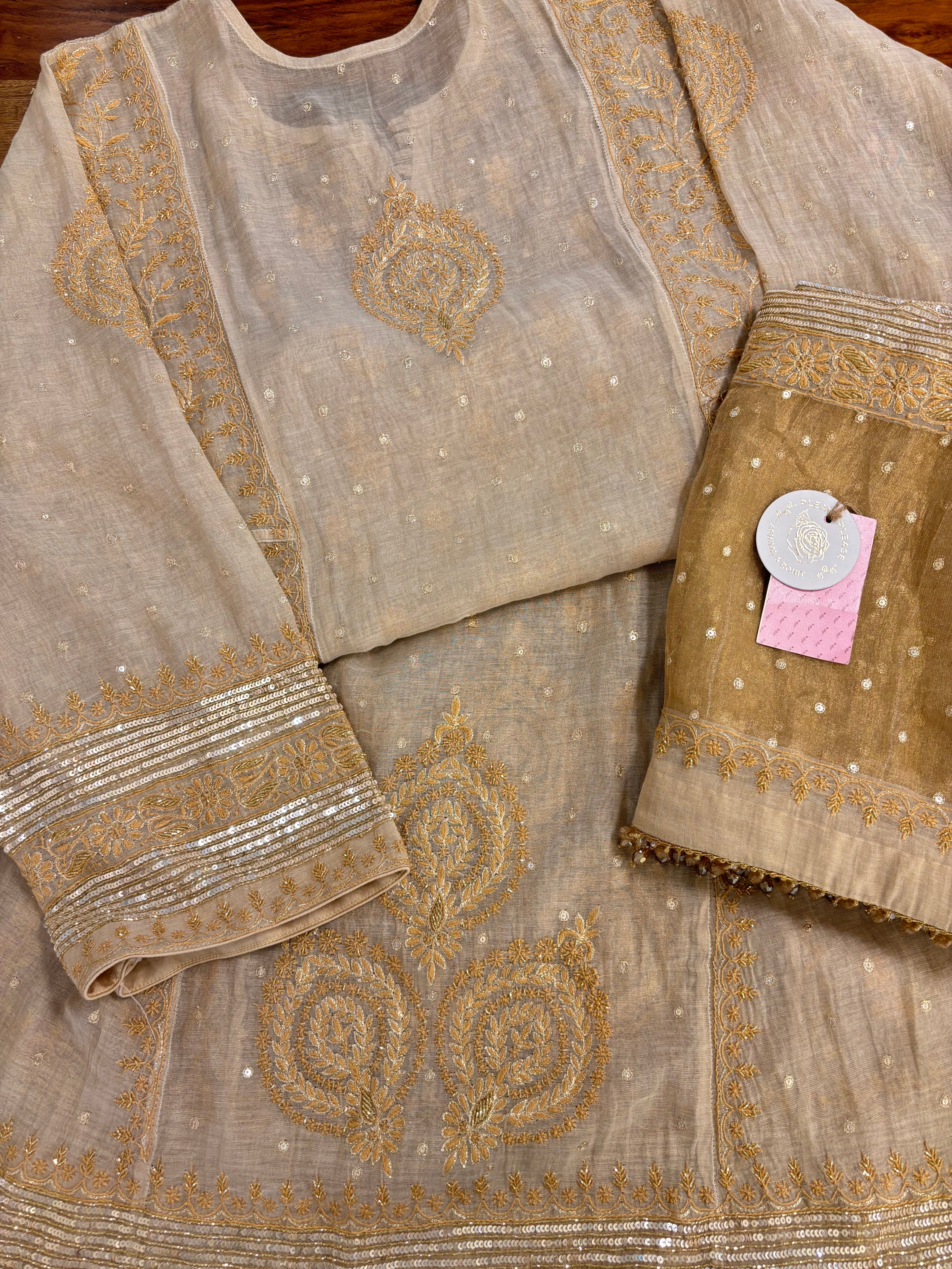 Dyeable Golden Pure & Premium Tissue Chikankari Anarkali and Dupatta