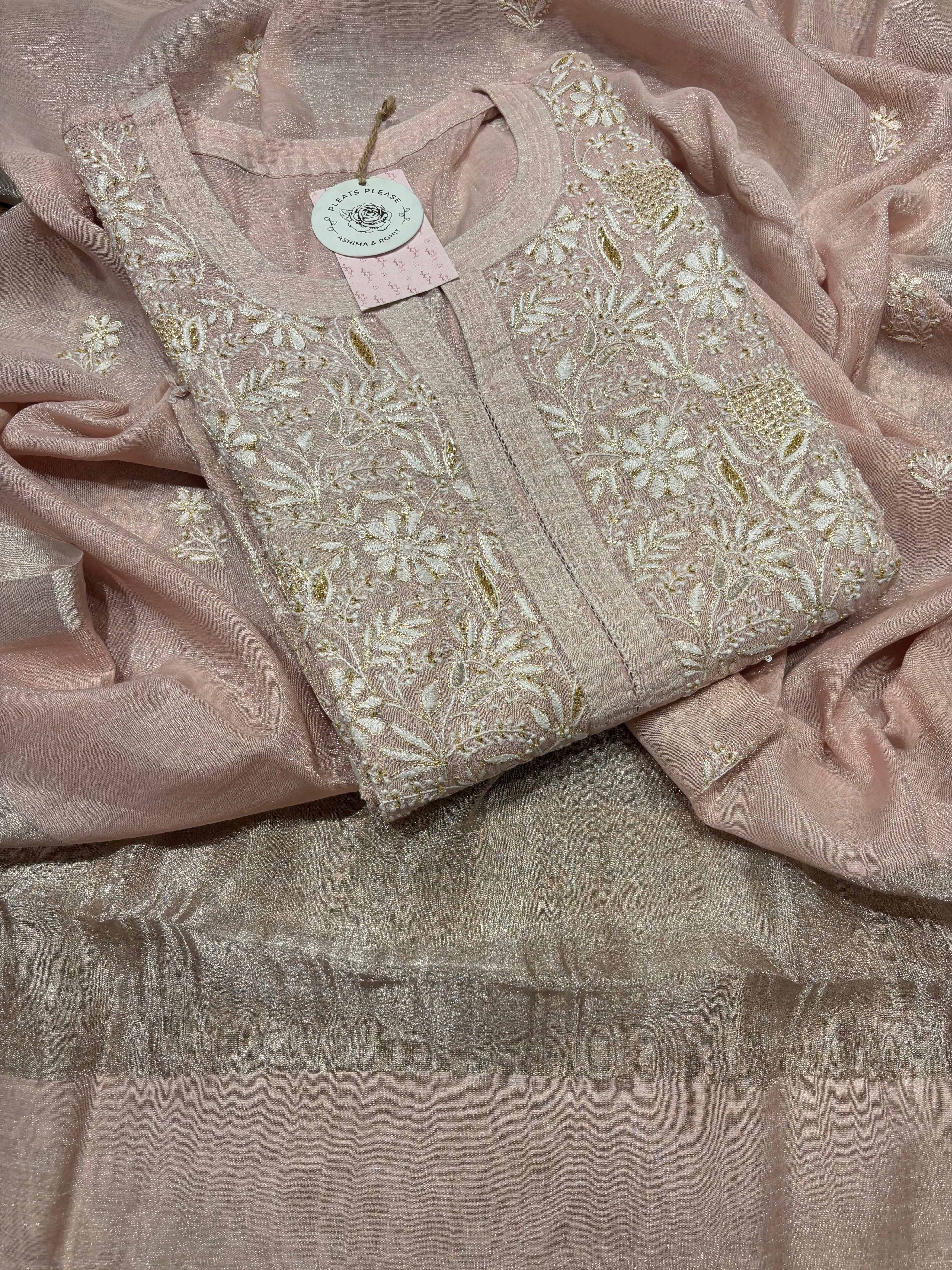 Lavender Pure Tissue Chikankari Kurta and Dupatta set