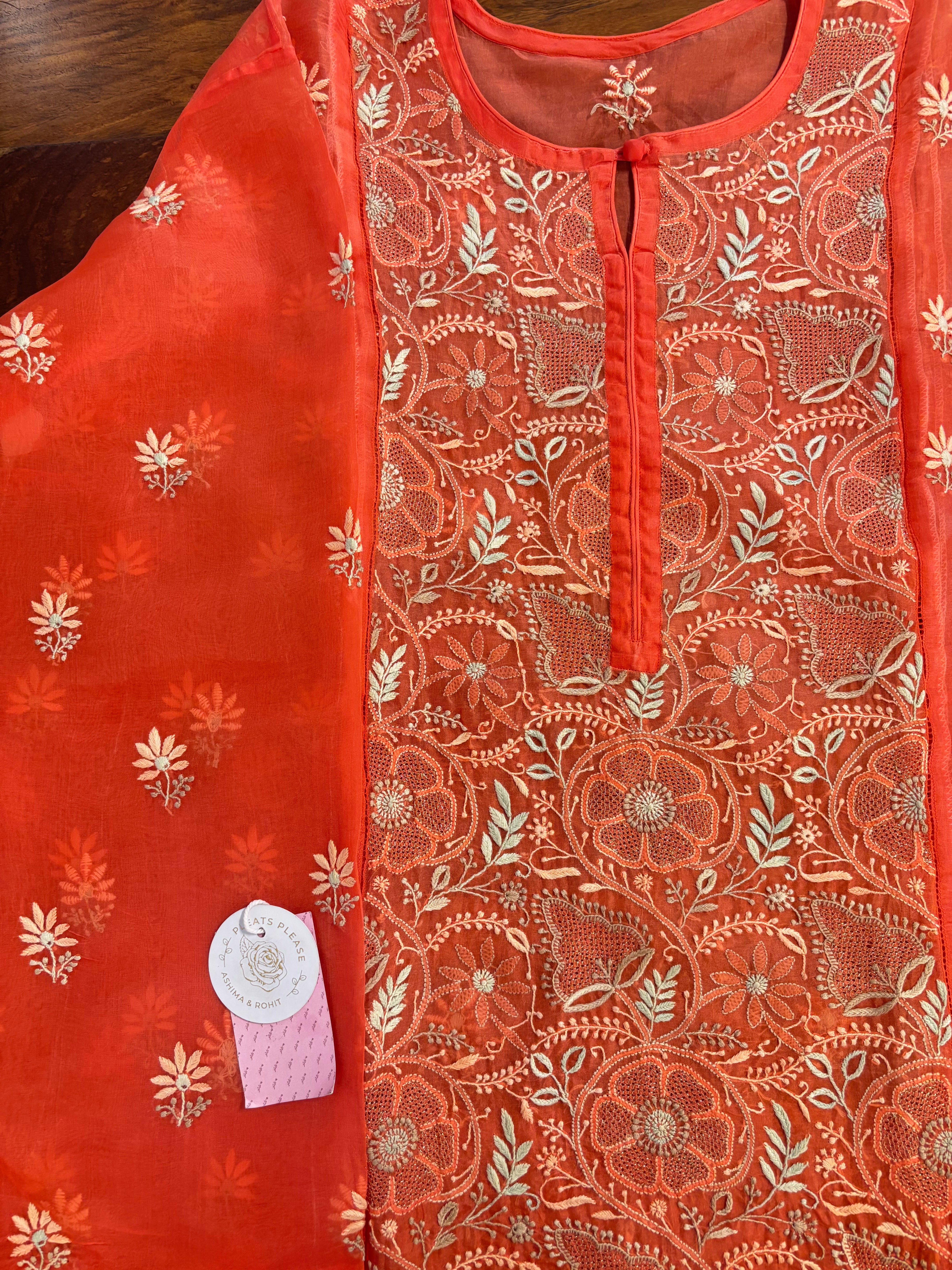 Burnt Orange Pure Organza Silk Chikankari Kurta & Dupatta