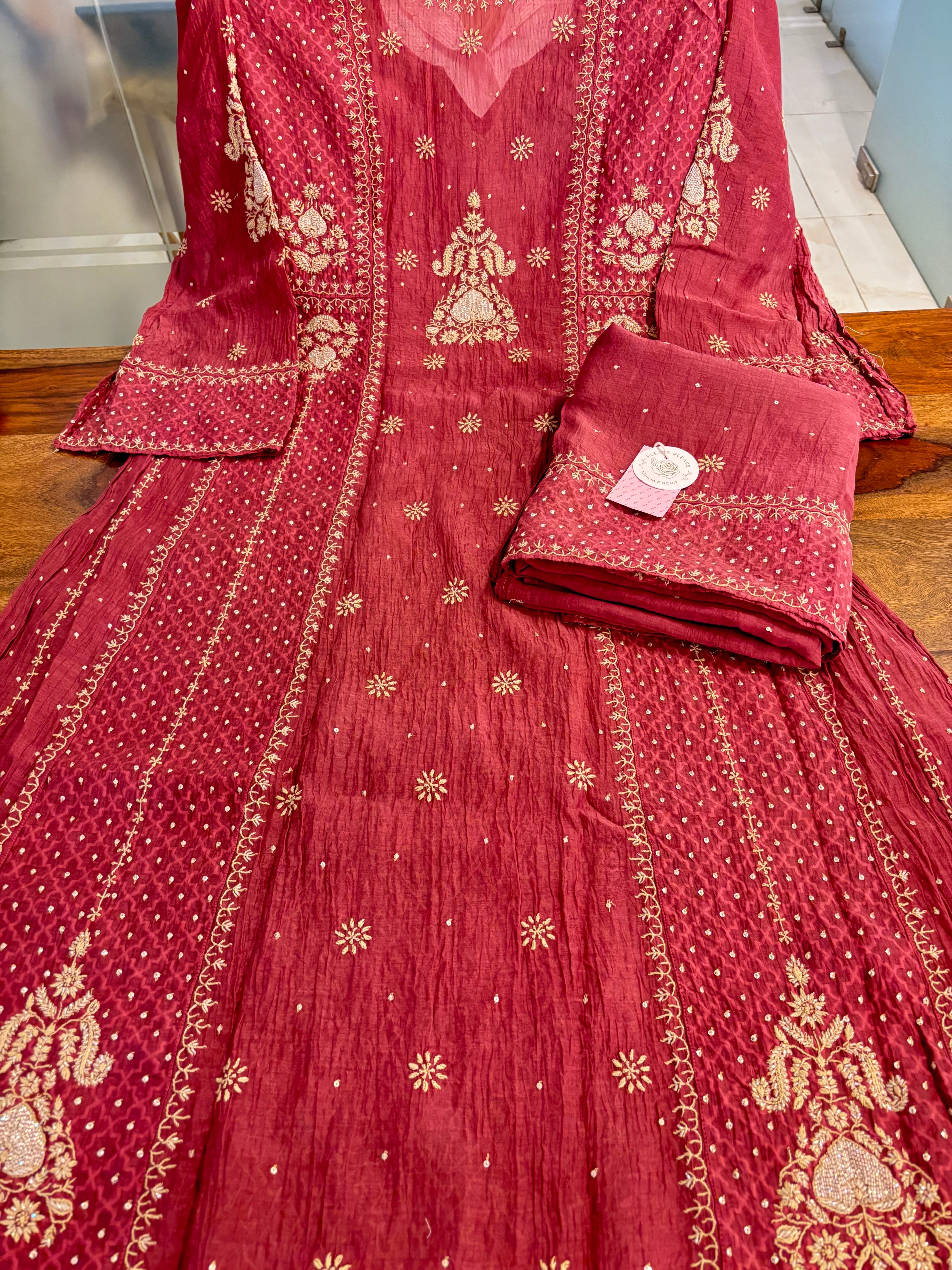 Maroon Chanderi Mul Chikankari Anarkali & Dupatta Set