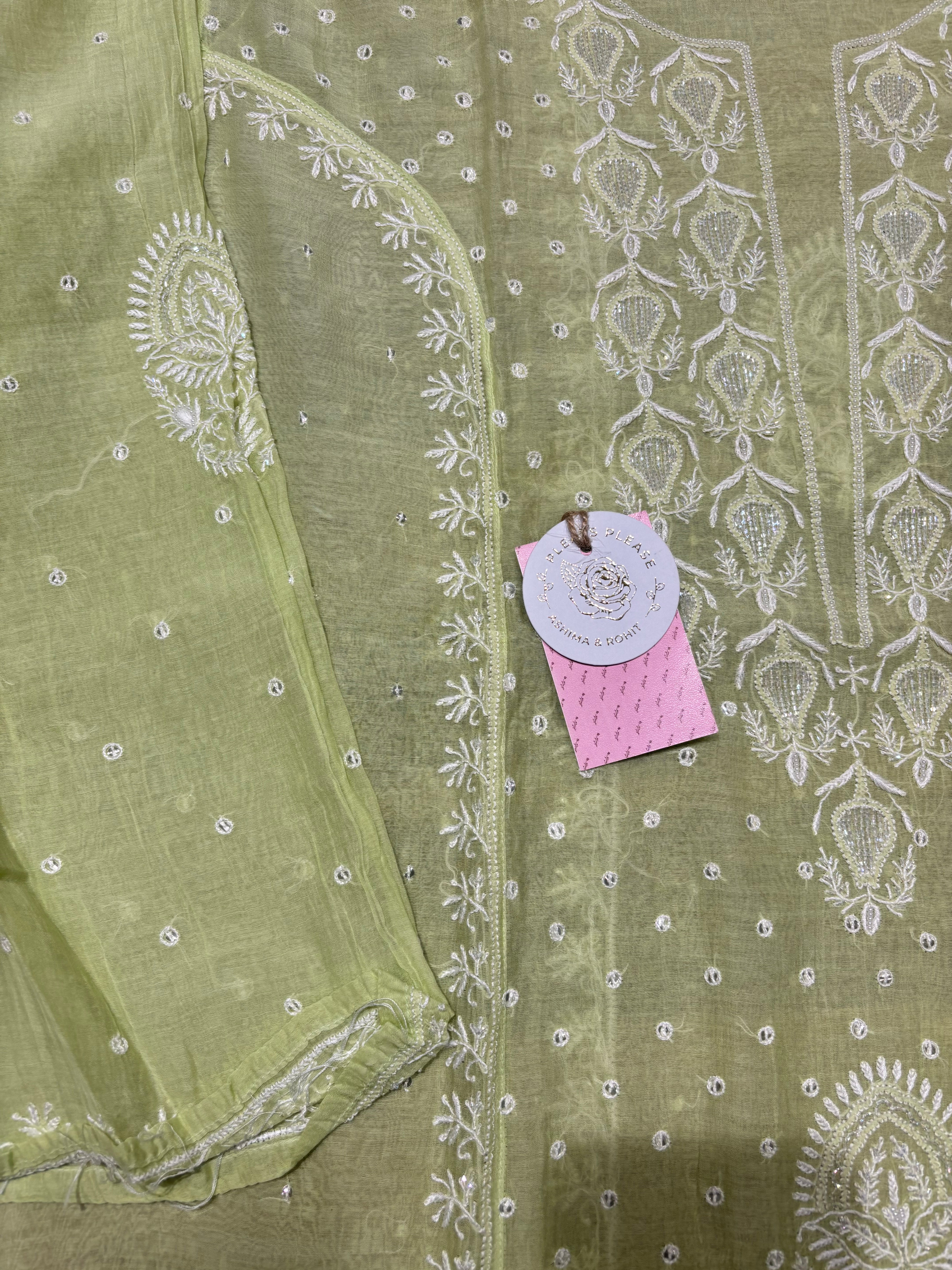 Green Chanderi mul Chikankari kurta and Dupatta set