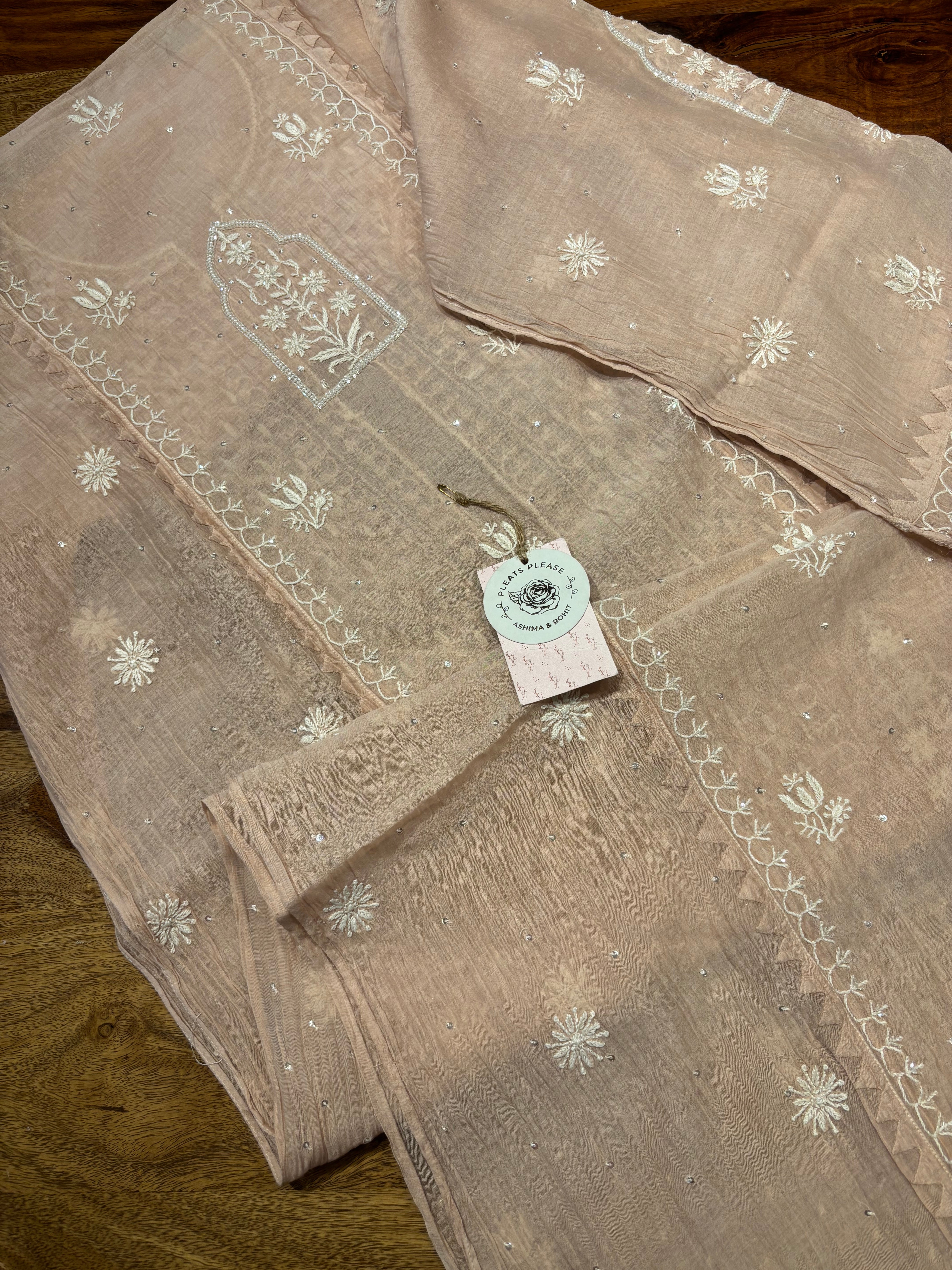 Dusty Peach Chanderi Mul Chikankari Kurta and Dupatta set