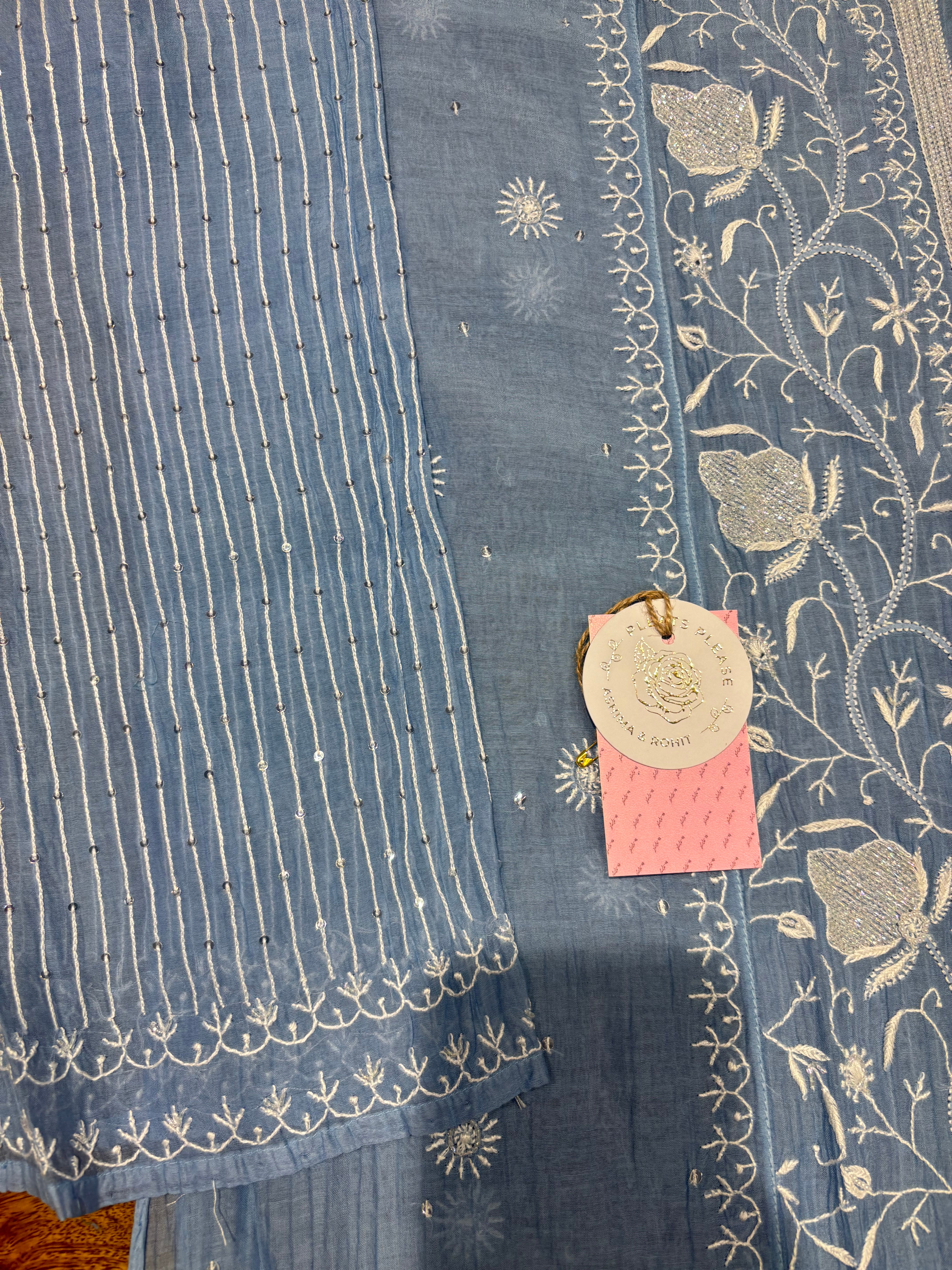 Blue Chanderi Mul Chikankari Kurta & Dupatta Set