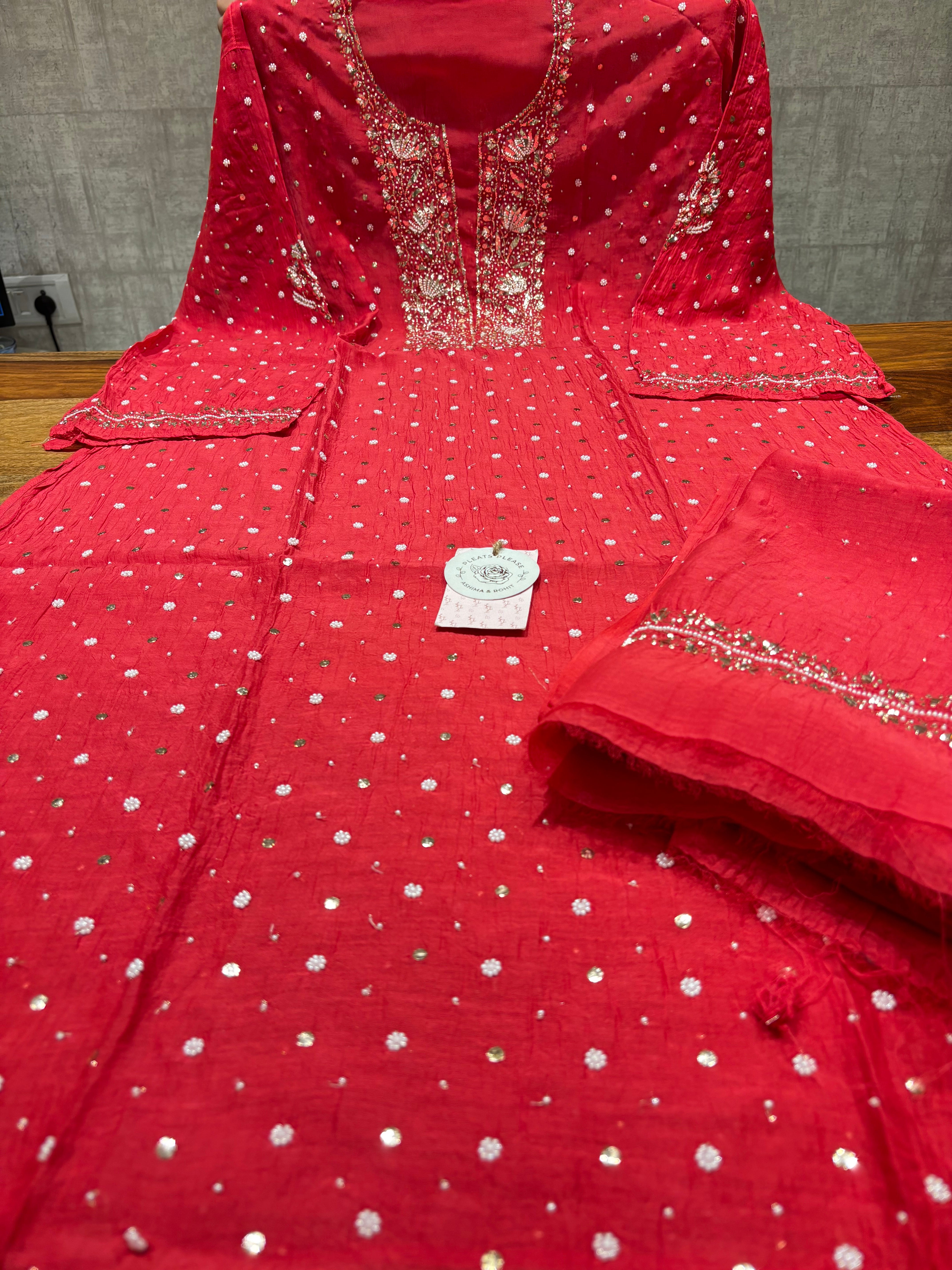 Red Chanderi Mul Mukaish Kurta & Dupatta Set