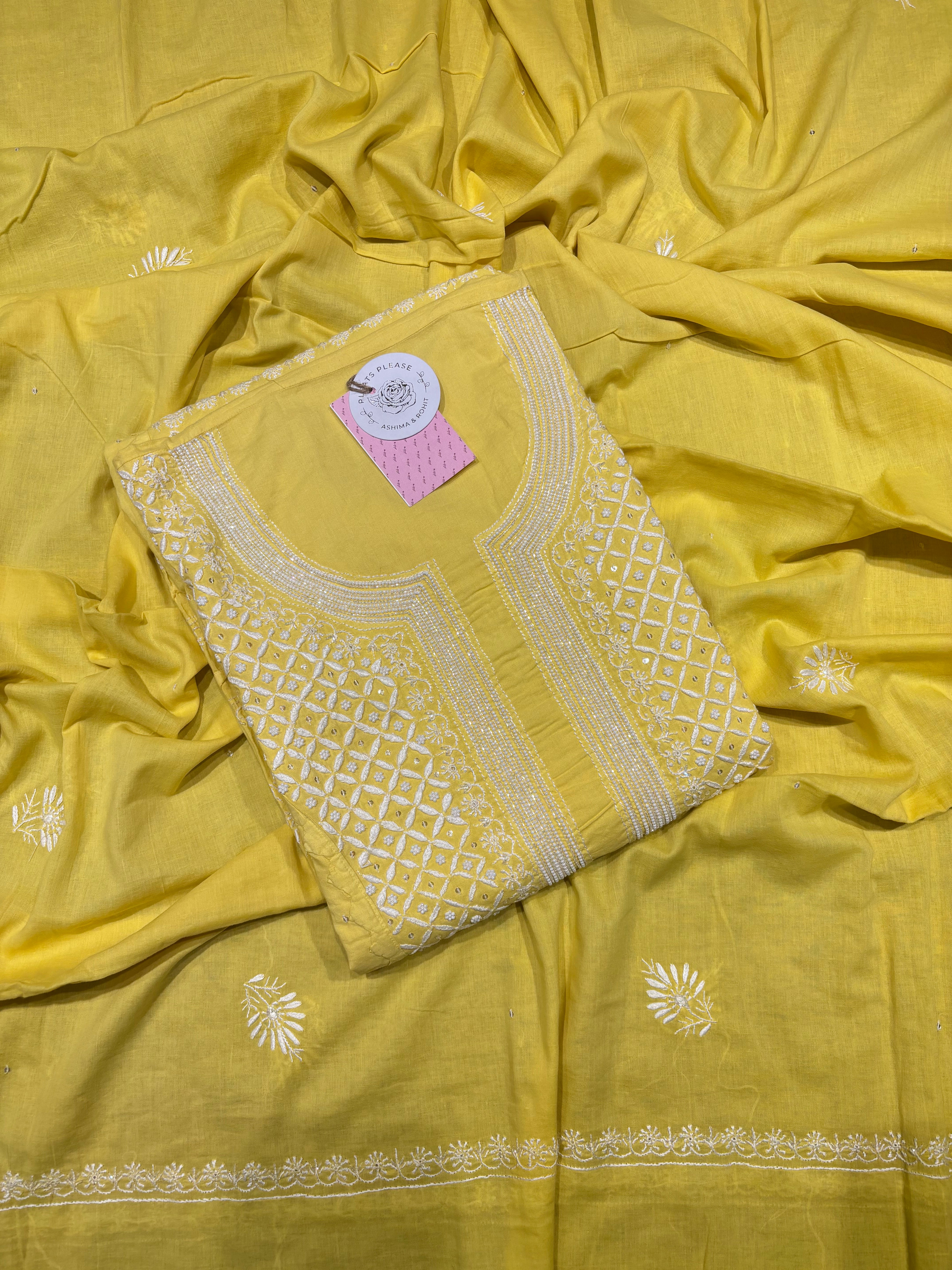 Yellow Mulmul Chikankari Kurta & Dupatta Set
