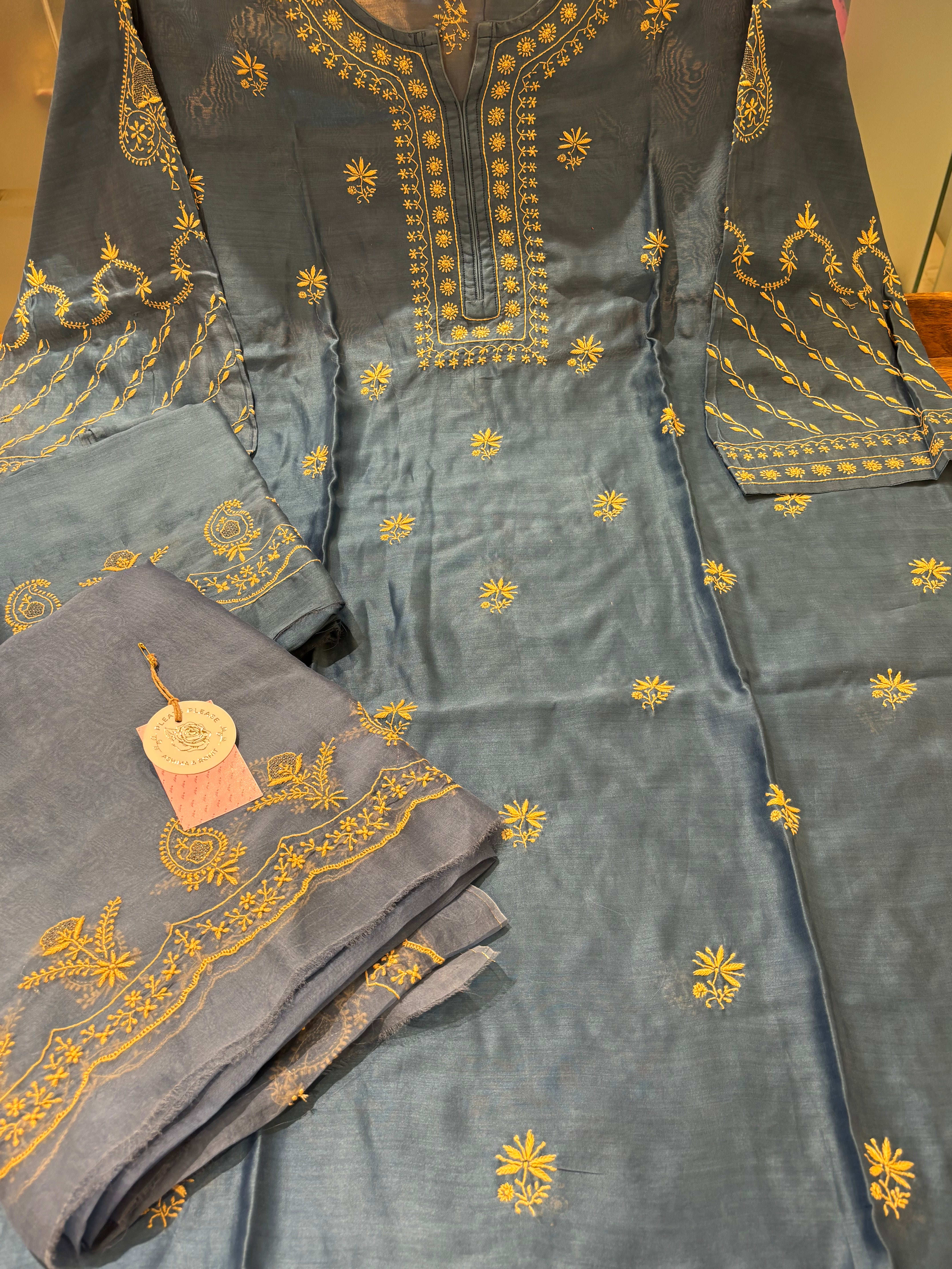 Steel Blue Chanderi Silk Chikankari Kurta & Organza Dupatta With Bottom