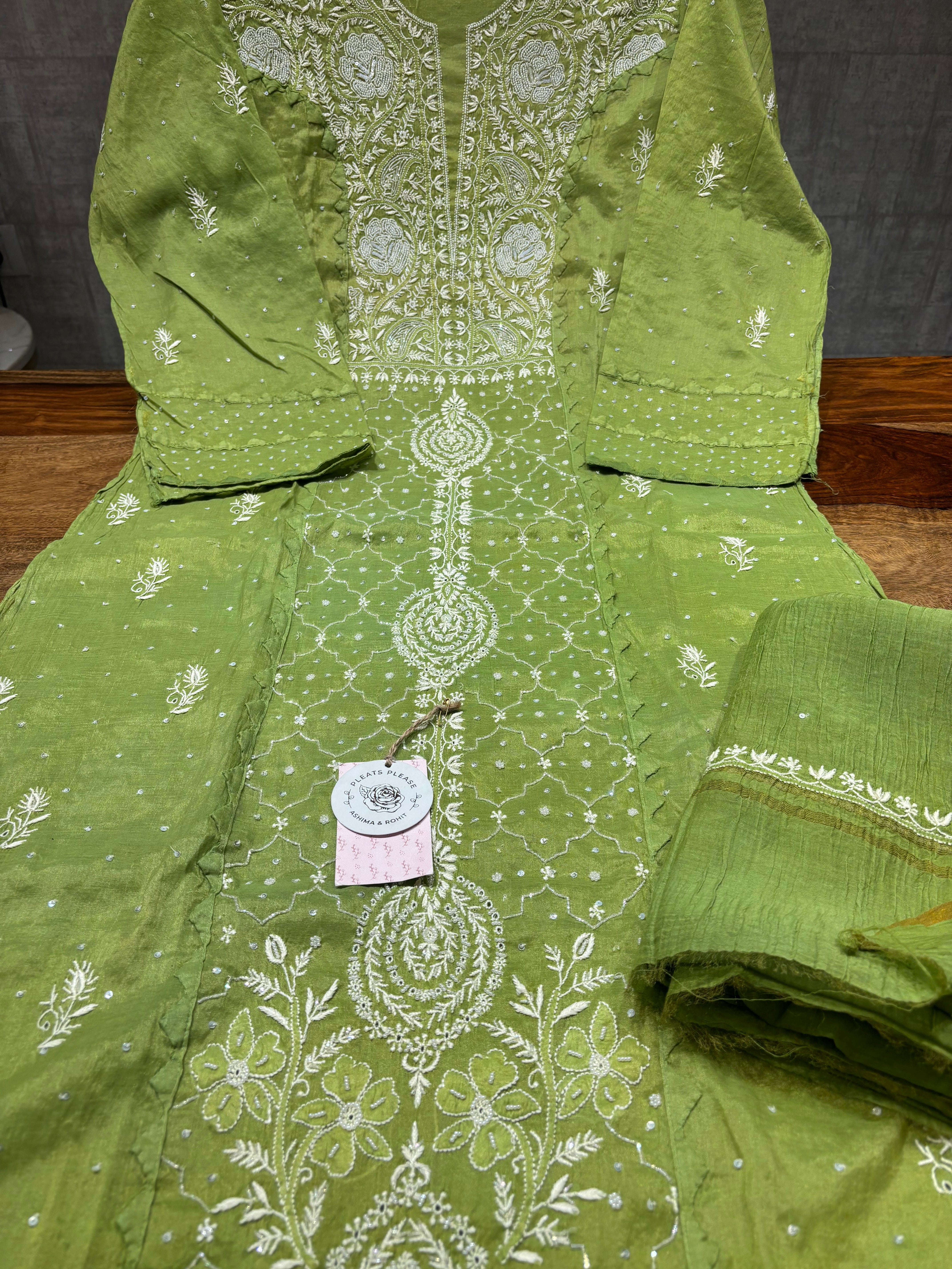 Green Chanderi Silk Chikankari Kurta And Dupatta Set