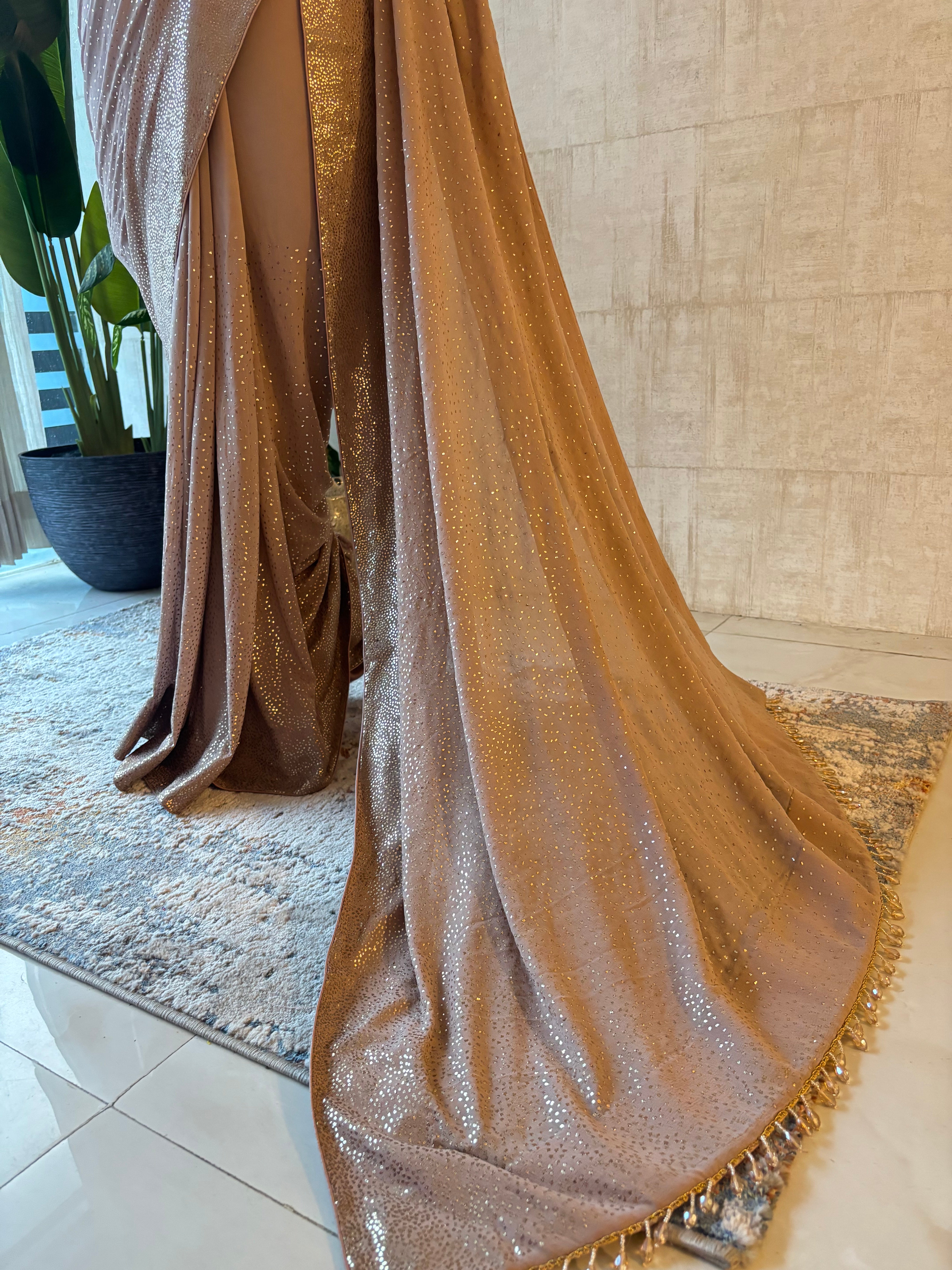 Brown Pure & Premium Georgette Mukaish Saree & Blouse