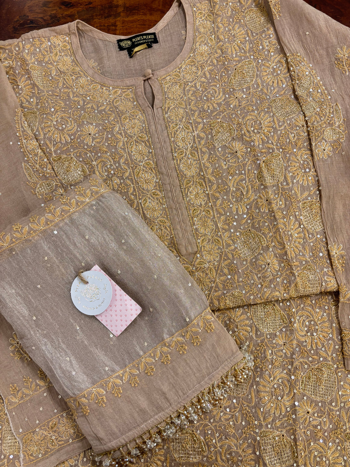 Antique Beige Pure & Premium Tissue Chikankari Kurta & Dupatta