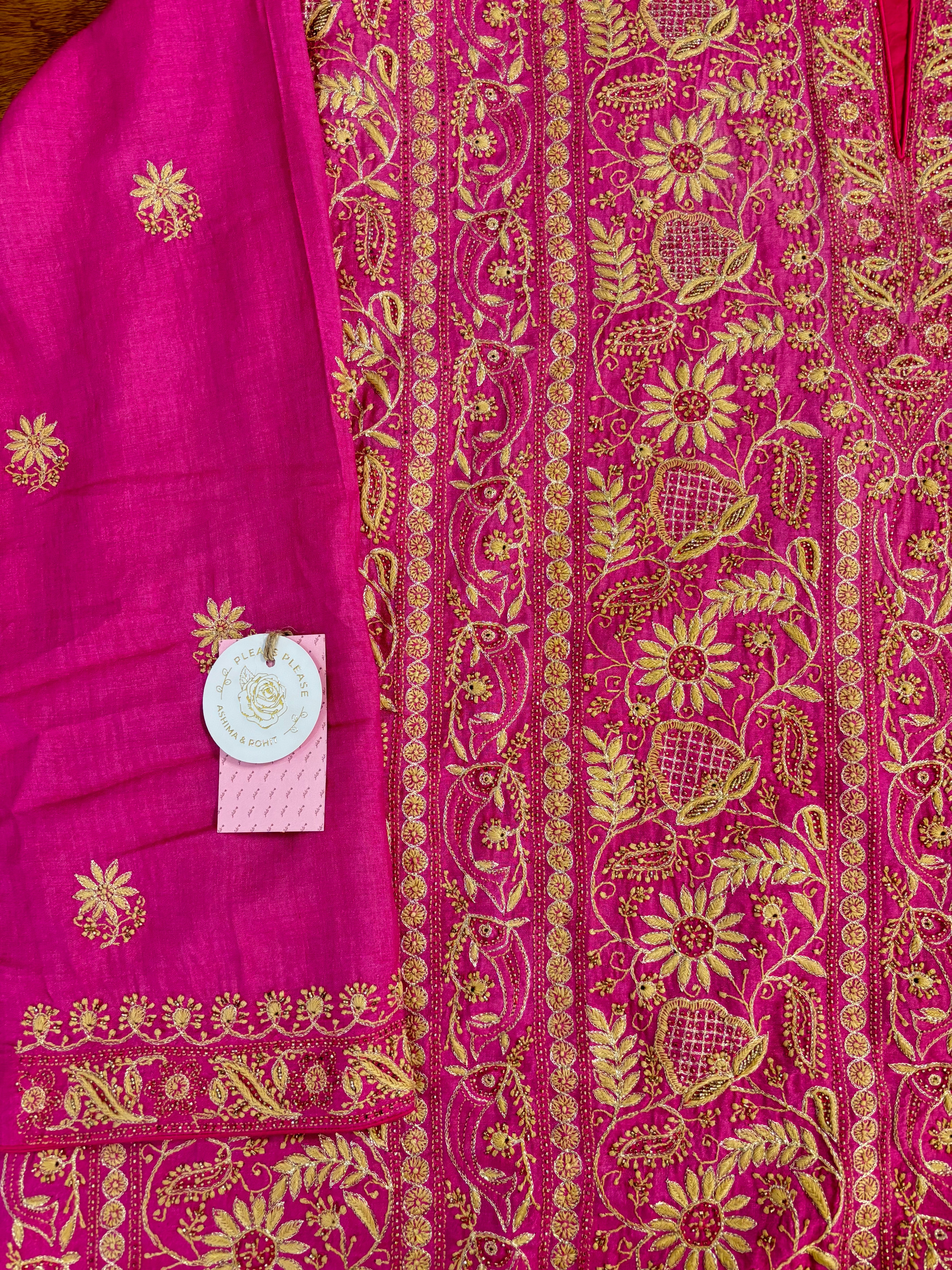 Magenta Pure Monga Silk A-Line Chikankari Kurta & Dupatta With Bottom - Pleats PleaseChikankari