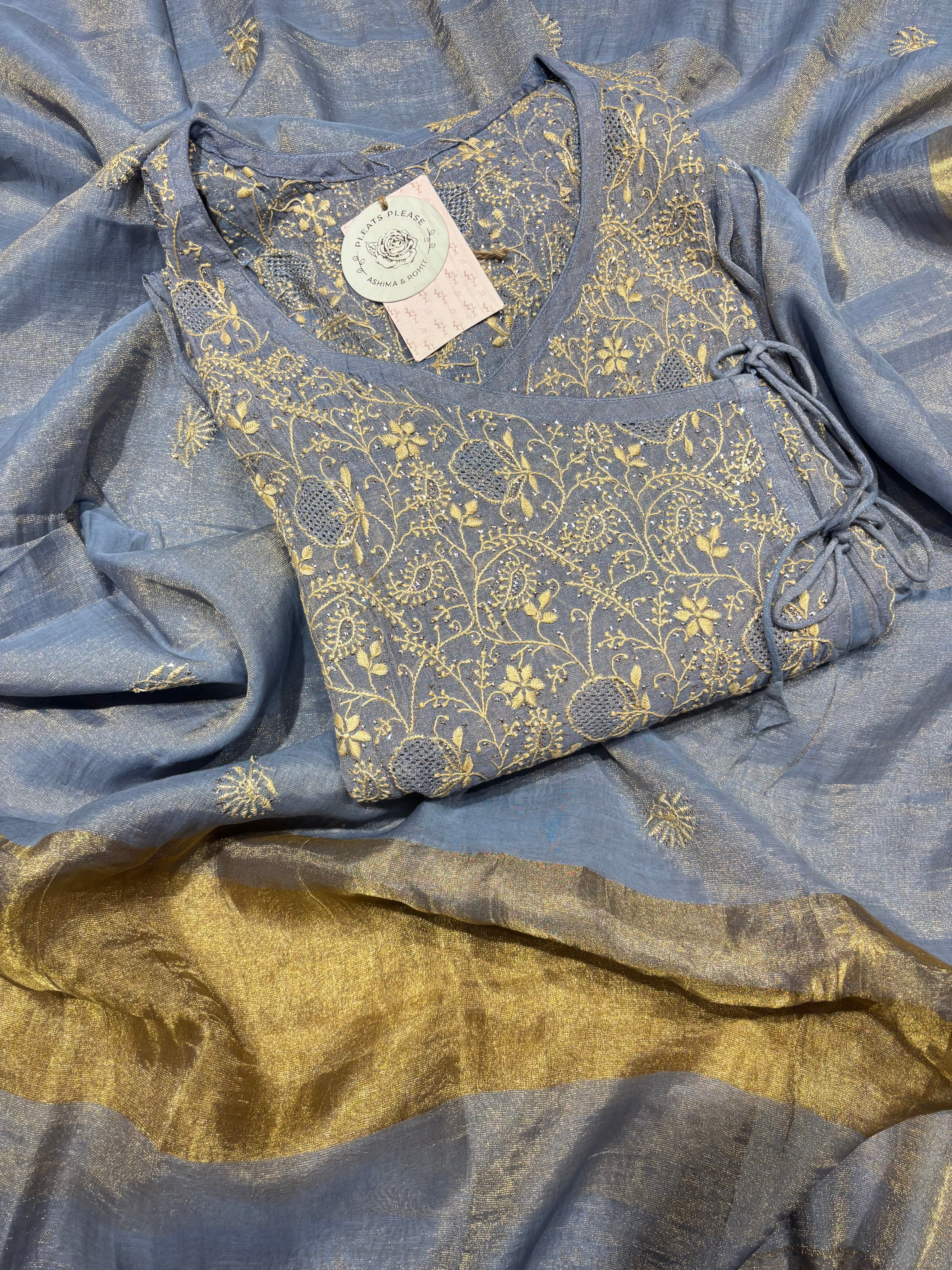 Blue Pure and Premium Tissue Chikankari & Mukaish Angrakha Kurta and Dupatta Set