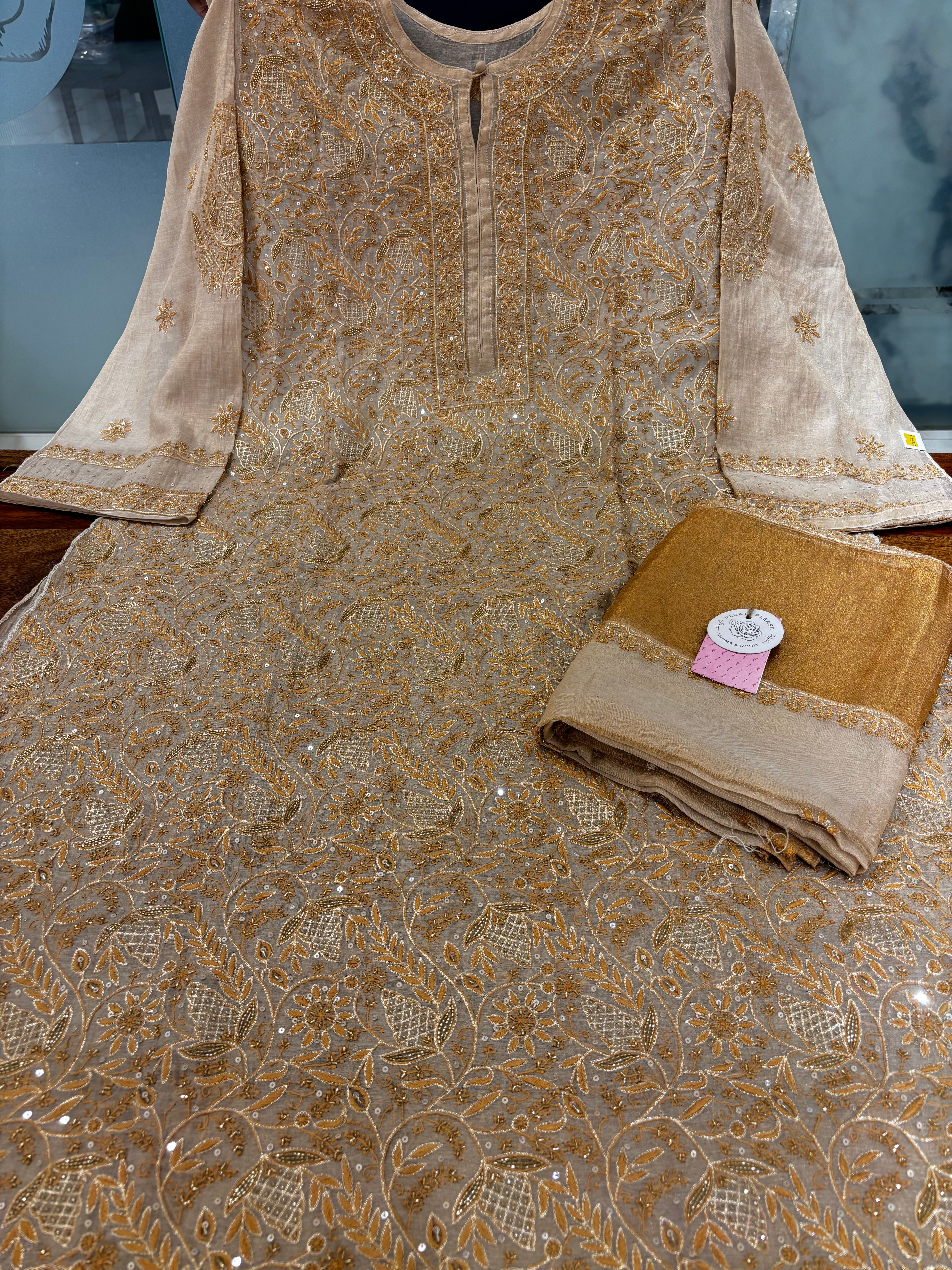 Dyeable Pure & Premium Tissue Heavy Jaal Chikankari Kurta & Dupatta - Pleats PleaseChikankari