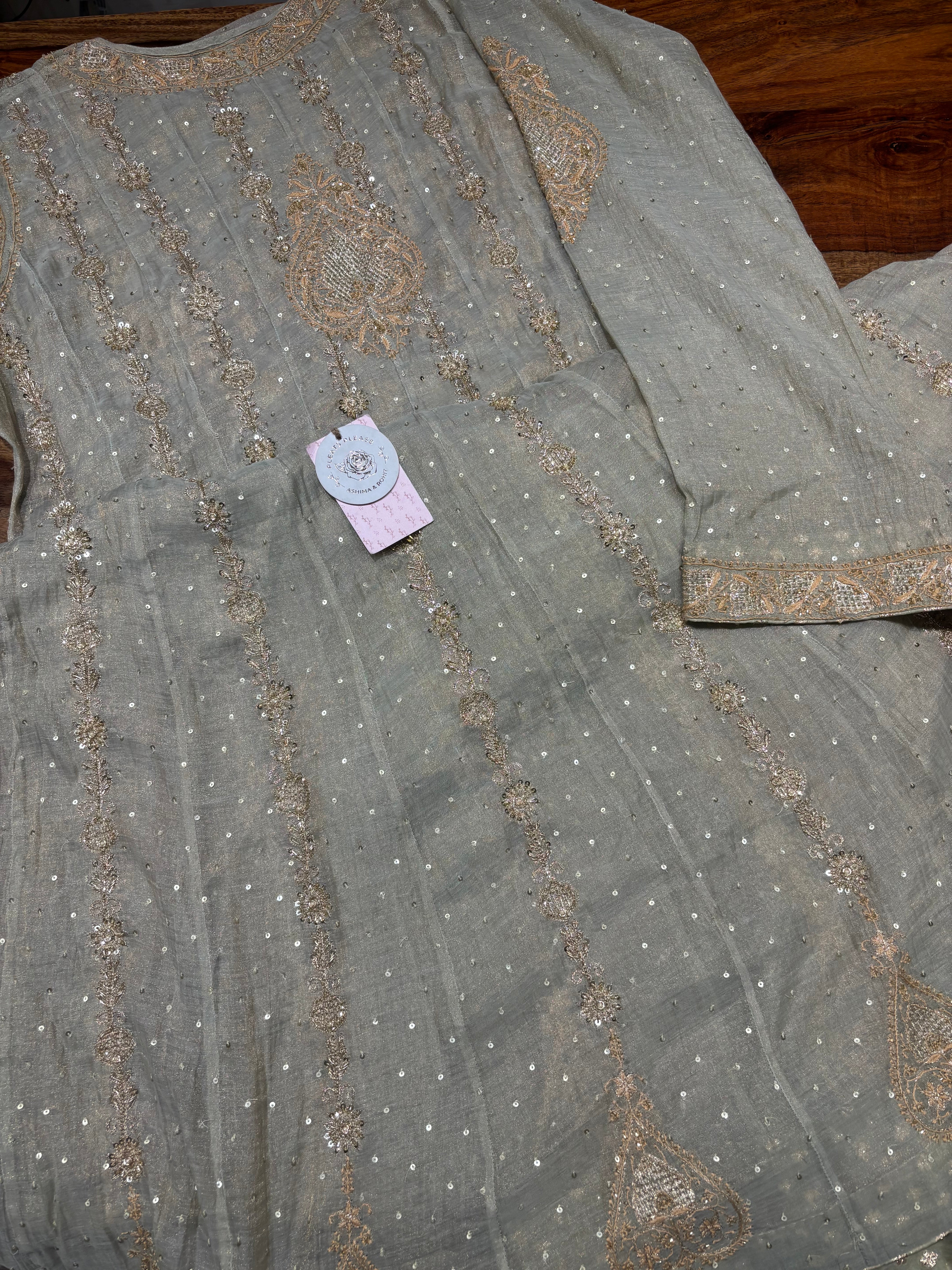 Cardamom Green Pure & Premium Tissue Chikankari Angrakha & Dupatta Set