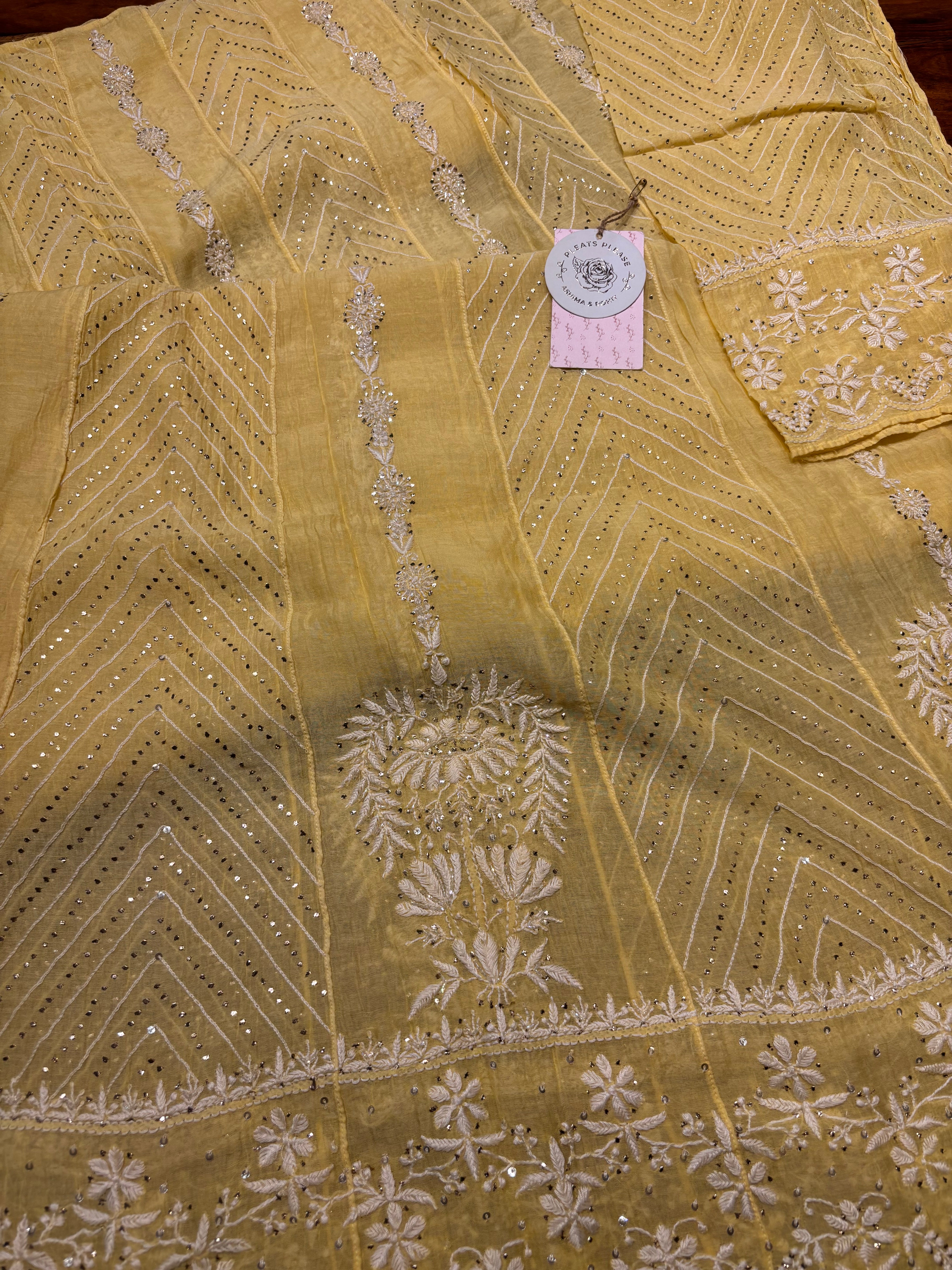 Yellow Chanderi Mul Chikankari & Mukaish Anarkali And Dupatta set