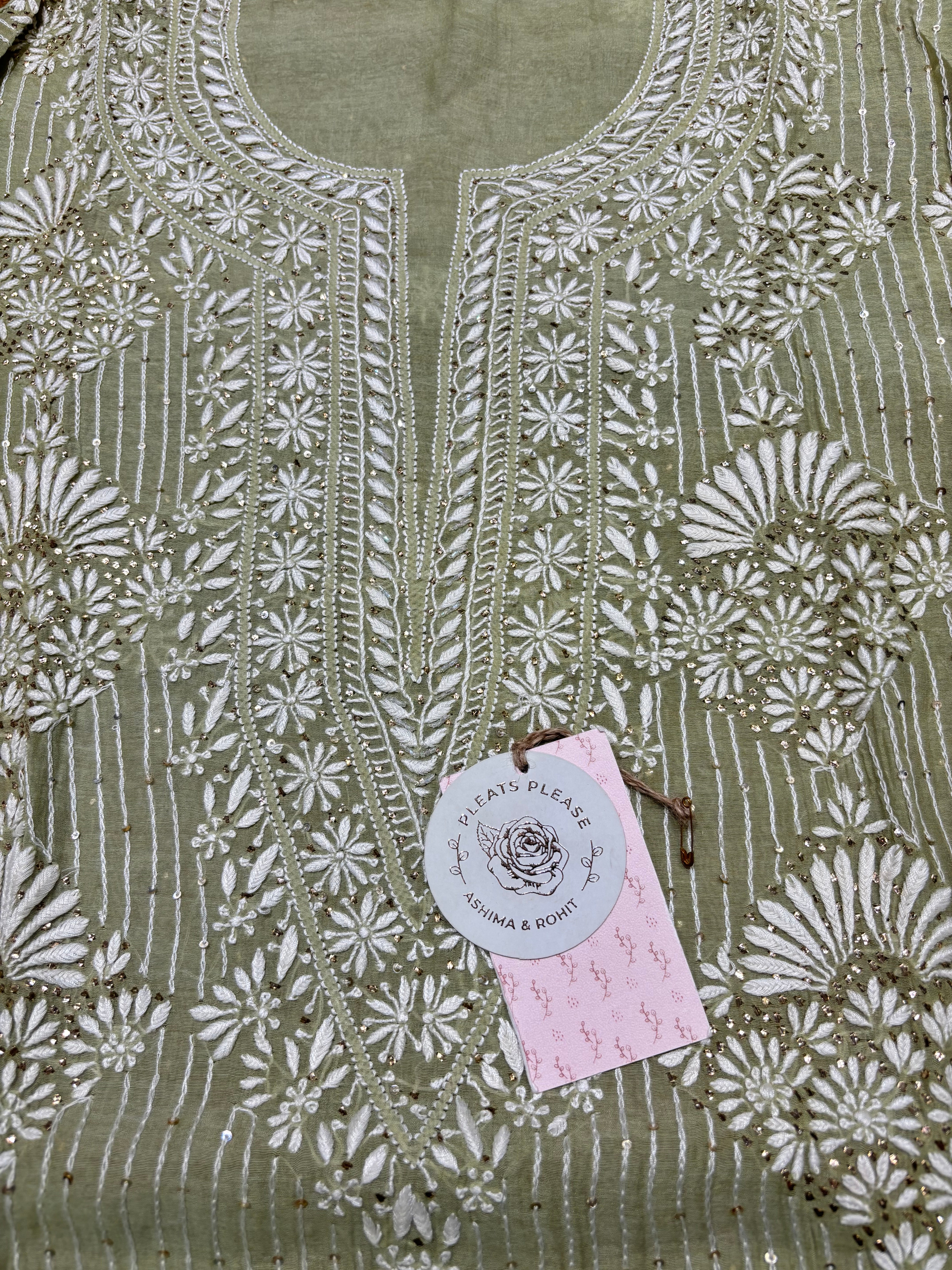 Green Chanderi Mul Chikankari & Mukaish Kurta & Dupatta Set