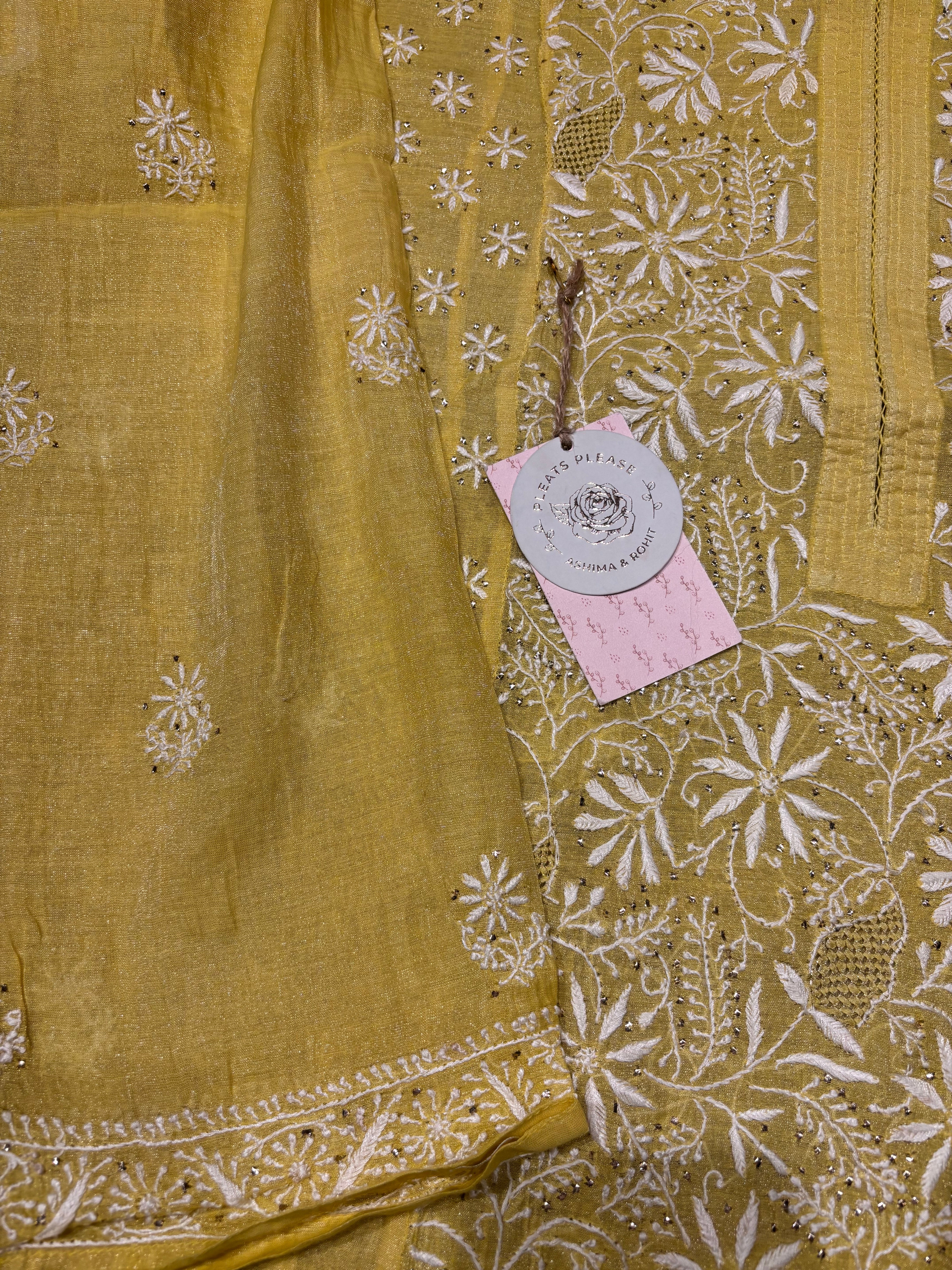 Lime yellow Pure Tissue Chikankari Kurta and Dupatta set