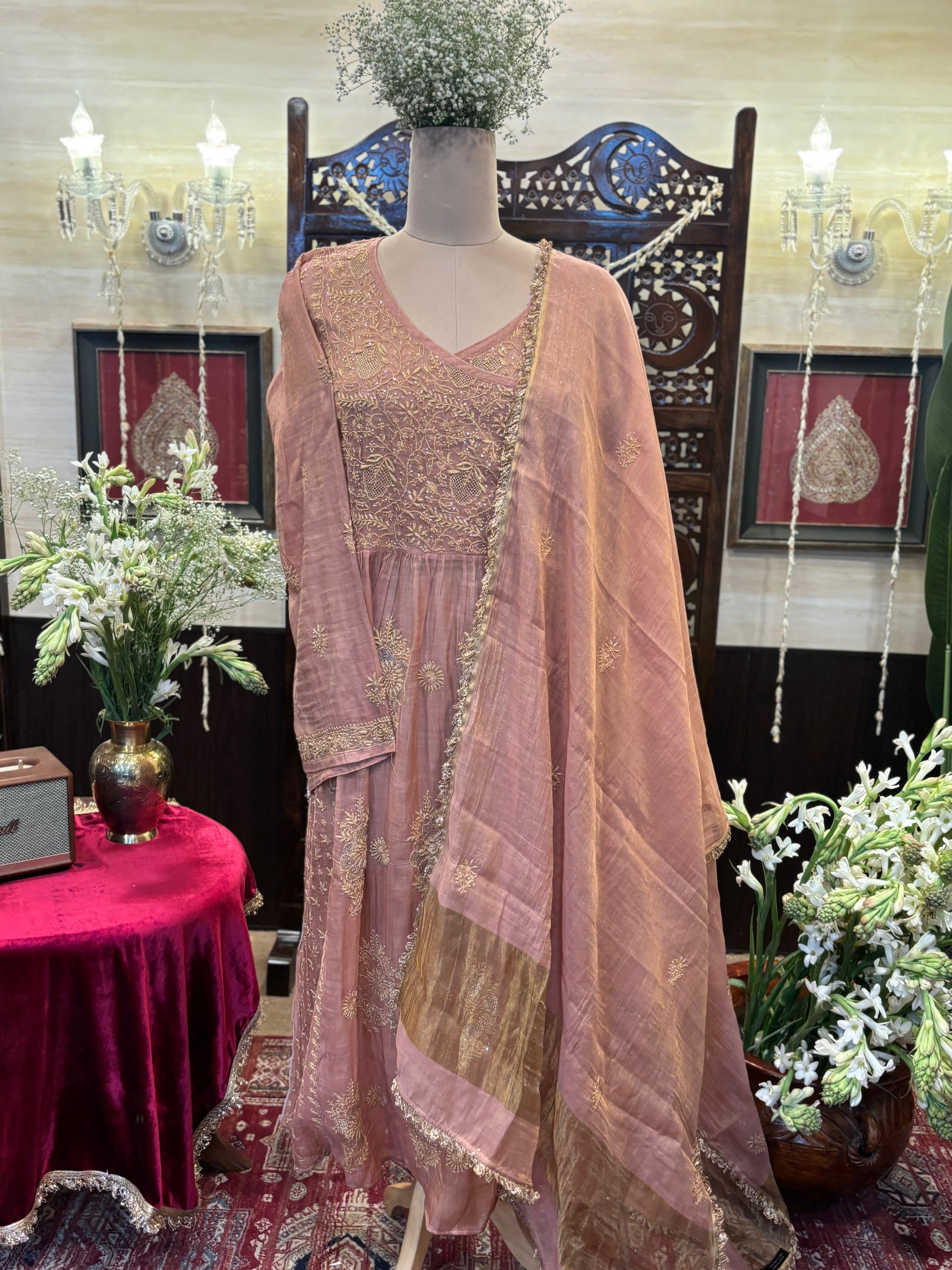Rose Gold pure & Premium Tissue Chikankari & Mukaish Angrakha Kurta and Dupatta Set