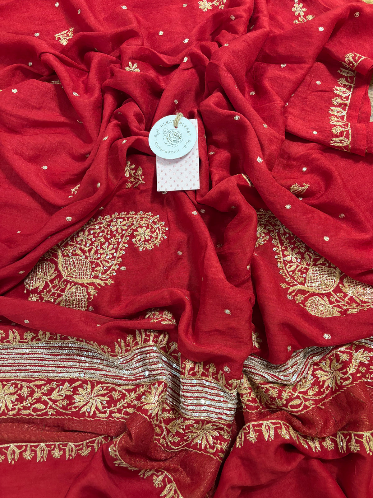 Crimson Red Monga Silk Chikankari Kurta & Dupatta