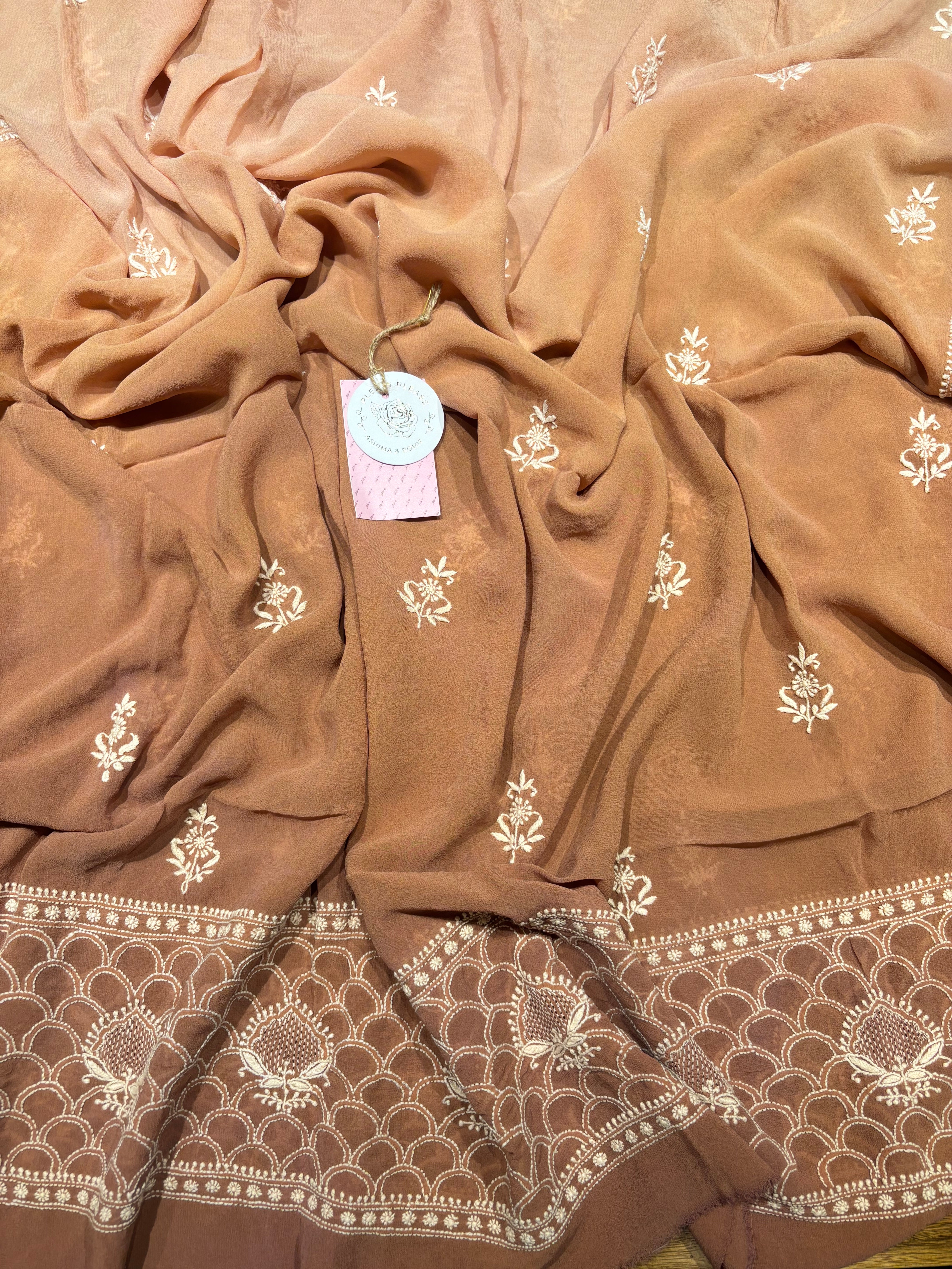 Brown Ombre Pure & Premium Georgette Chikankari Anarkali & Dupatta Set