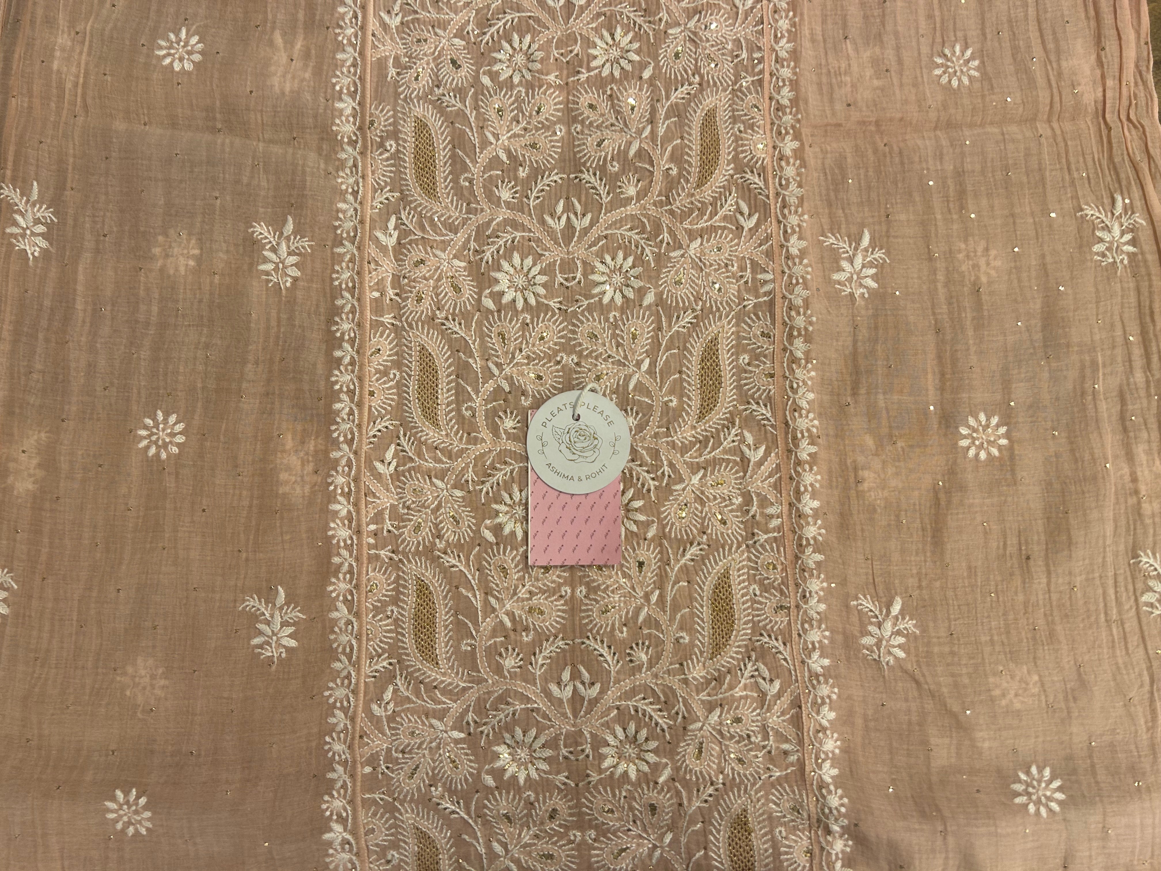 Dusty peach Chanderi Chikankari Mukaish Kurta & Dupatta - Pleats PleaseChikankari