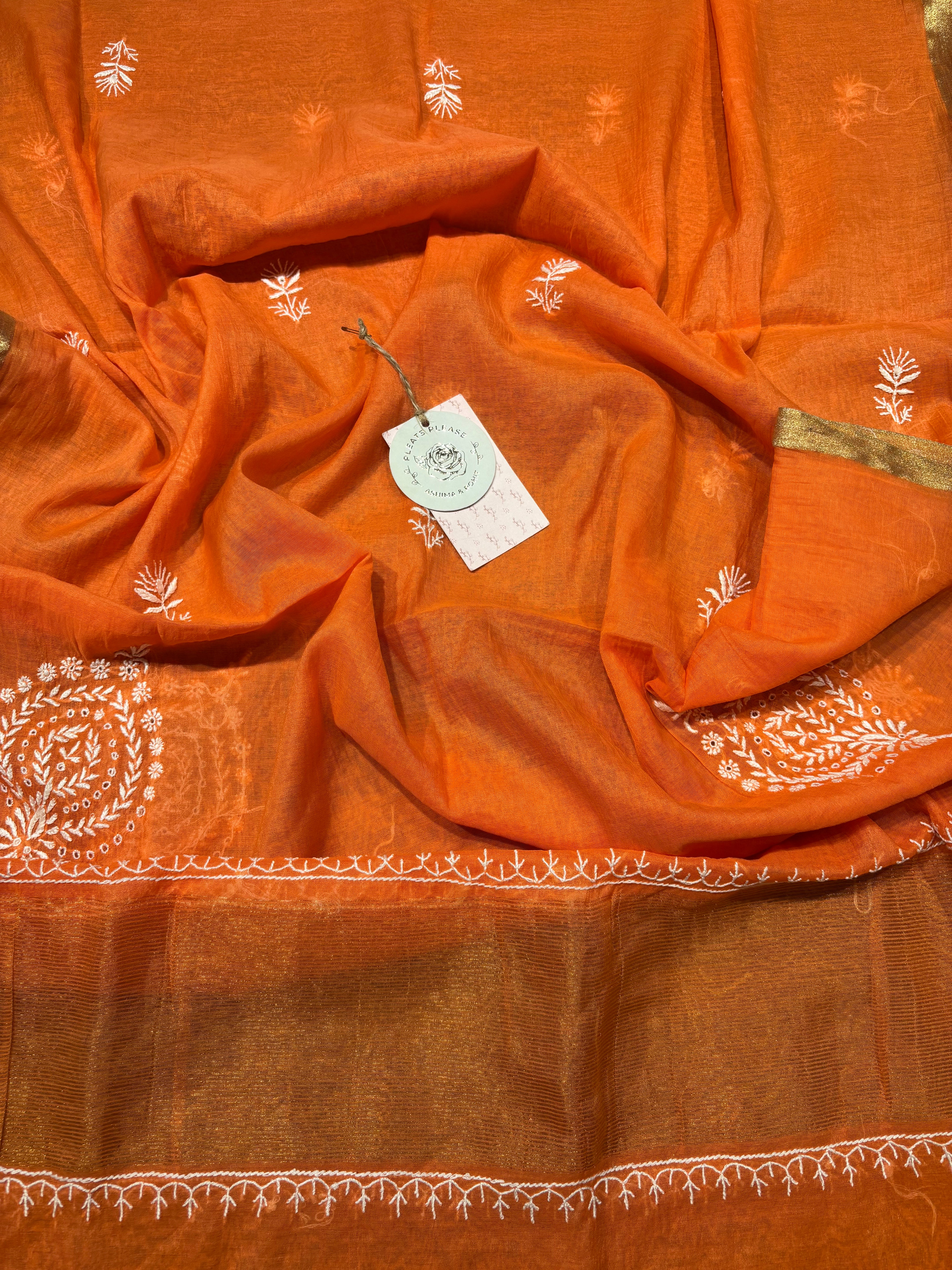 Burnt Orange Chanderi Silk Chikankari Kurta And Dupatta Fabric