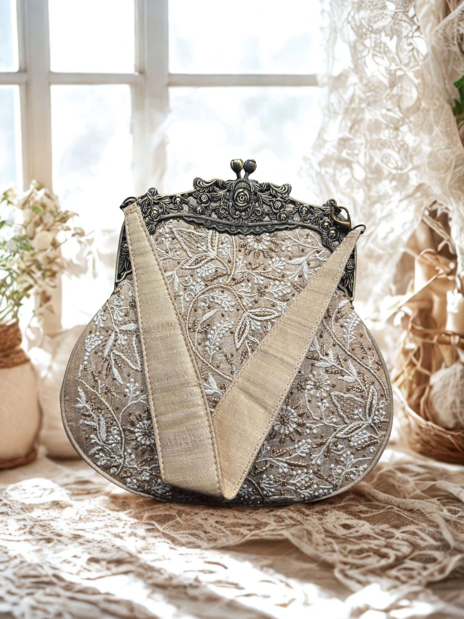 Beige Chikankari Clutch