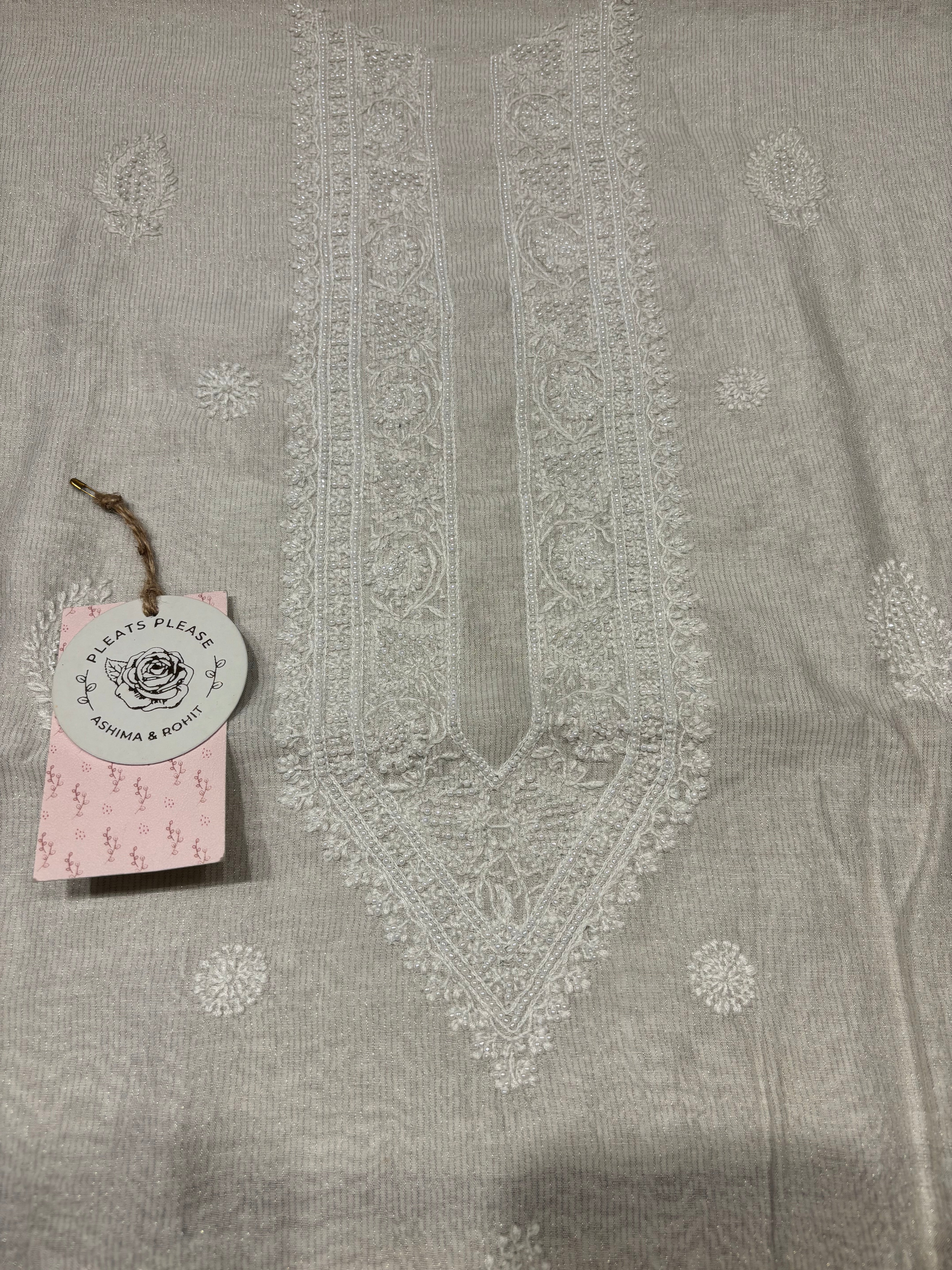 Dyeable Silver Pure And Premium Tissue Chikankari Men’s Kurta Fabric