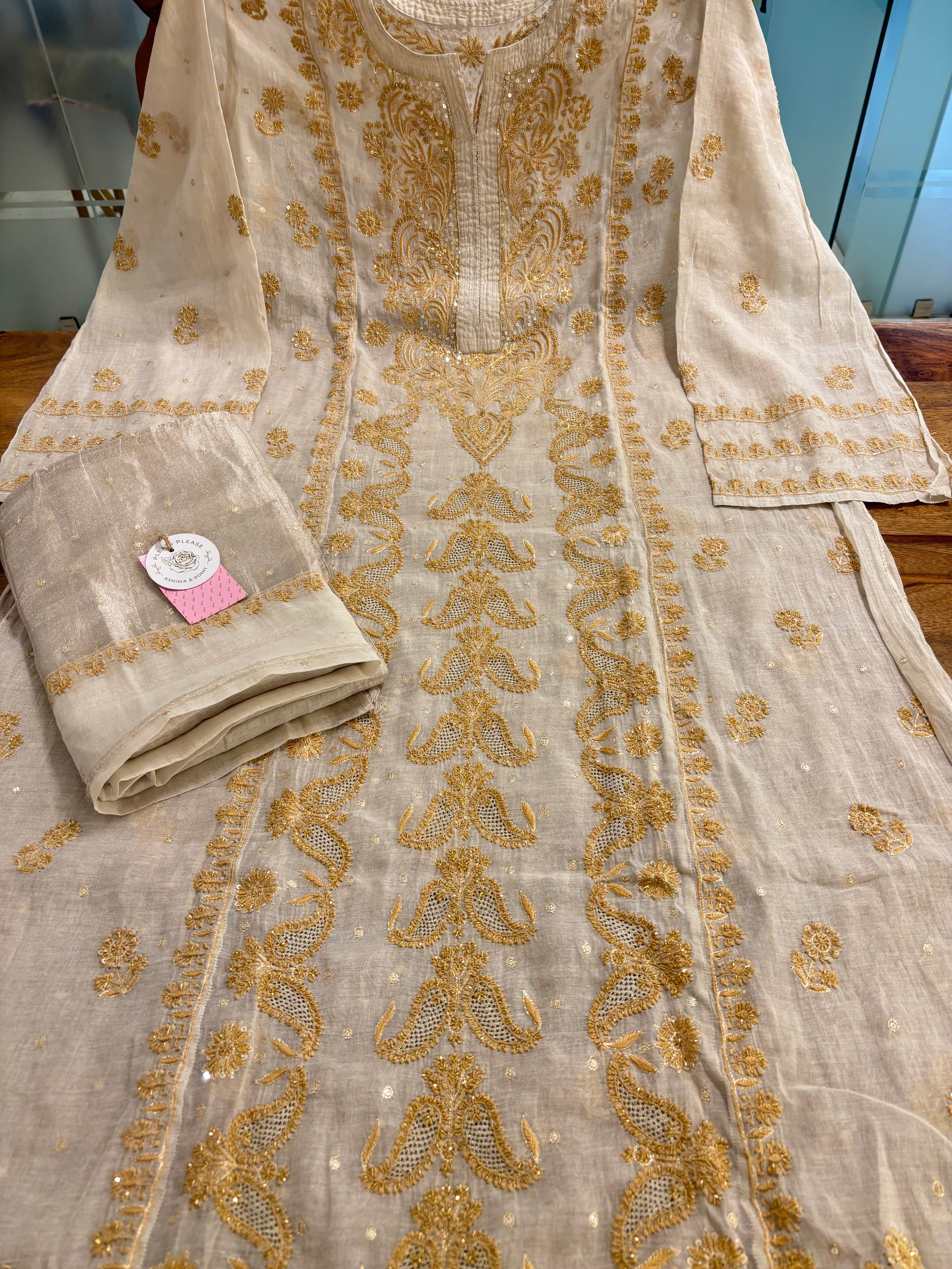 Dyeable Ivory Silver Pure & Premium Tissue Chikankari Kurta & Dupatta