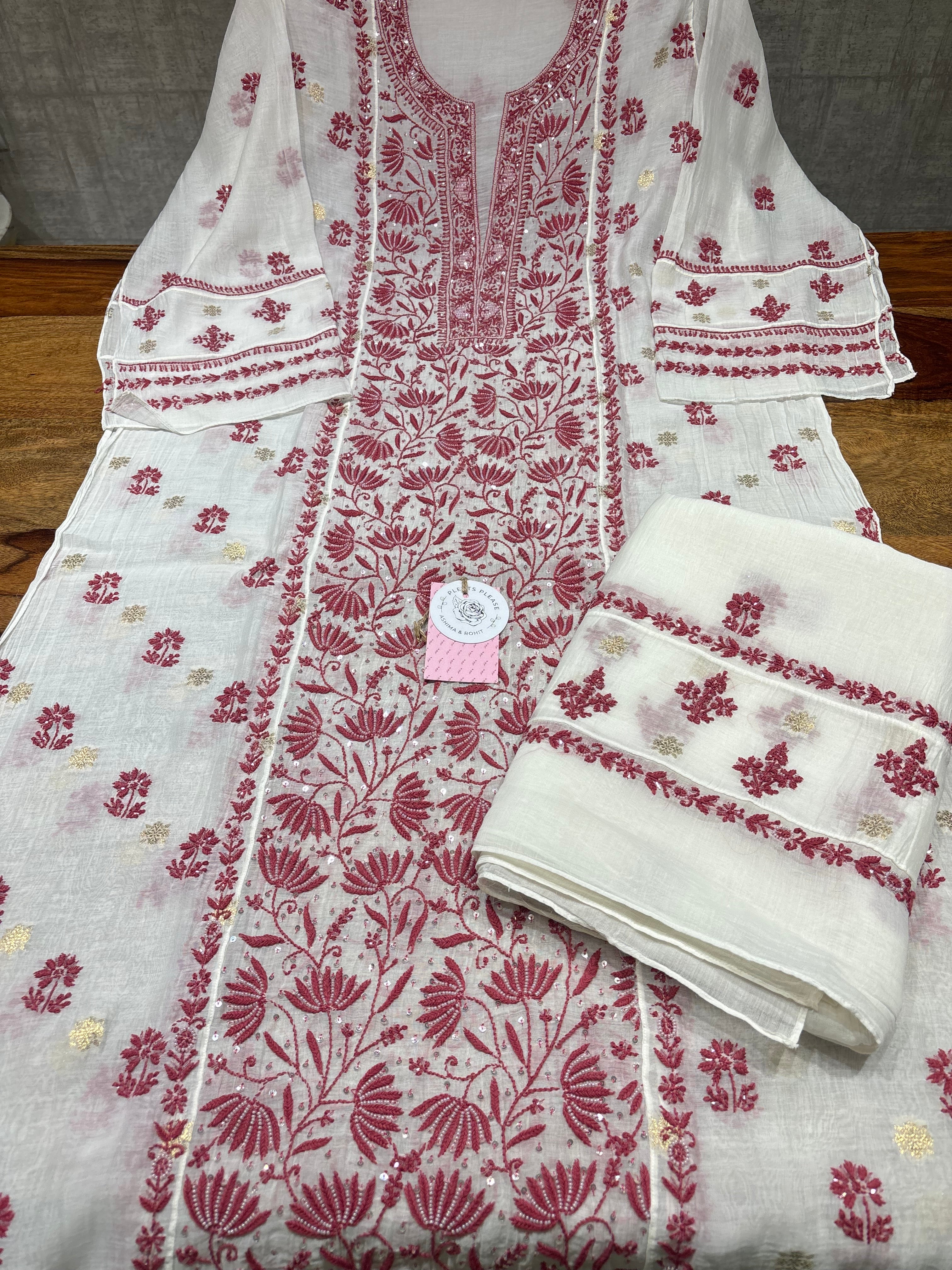 Dyeable Chanderi Mul Chikankari Kurta & Dupatta Set